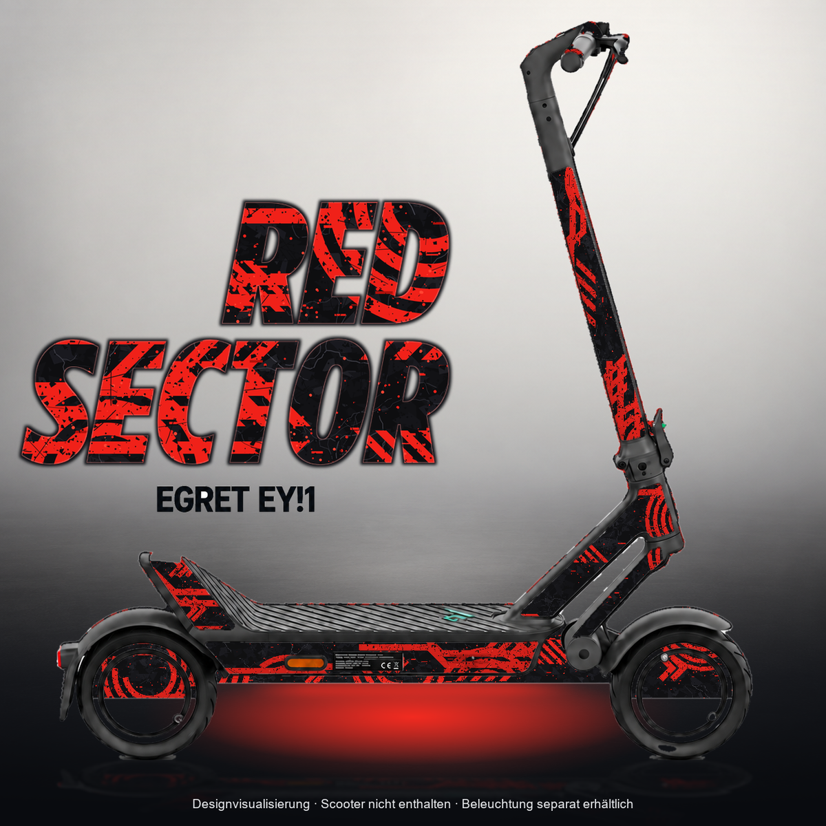 EGRET EY!1 SKIN | RED SECTOR – Designvisualisierung mit Licht in der Skinfarbe; Scooter nicht enthalten, Beleuchtung separat erhältlich
