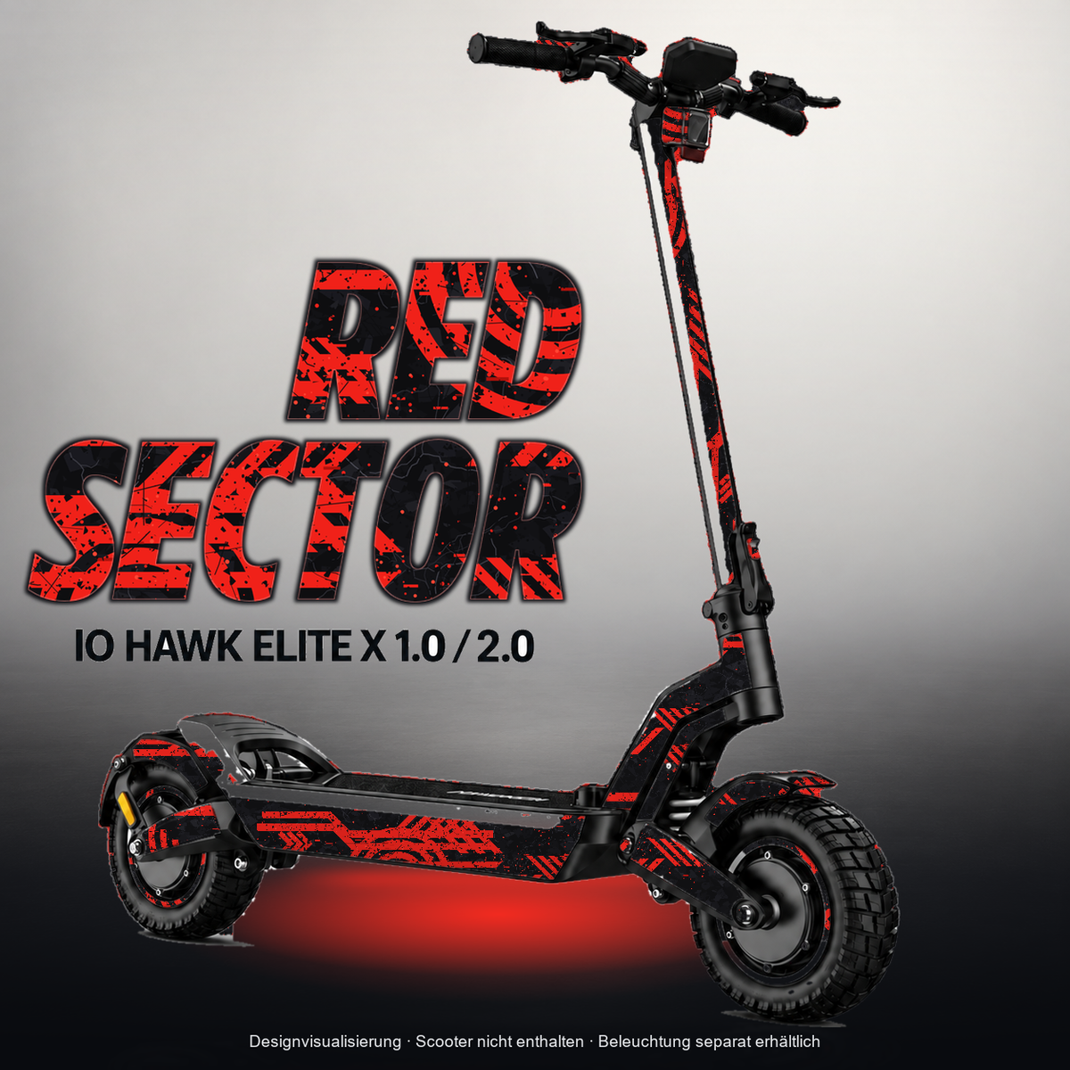 IO HAWK ELITE X 1.0 / 2.0 SKIN | RED SECTOR – Designvisualisierung mit Licht in der Skinfarbe; Scooter nicht enthalten, Beleuchtung separat erhältlich