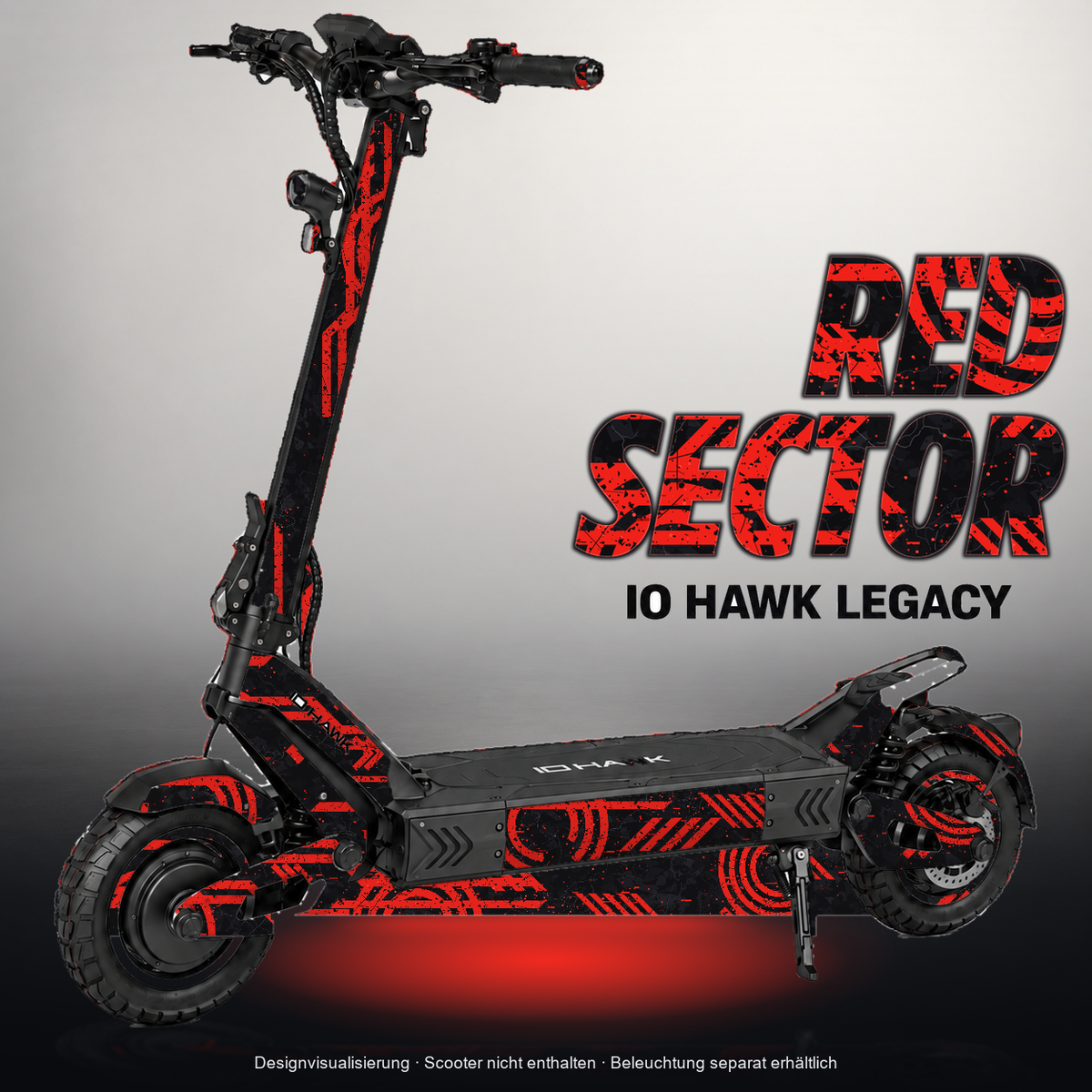 IO HAWK LEGACY SKIN | RED SECTOR – Designvisualisierung mit Licht in der Skinfarbe; Scooter nicht enthalten, Beleuchtung separat erhältlich