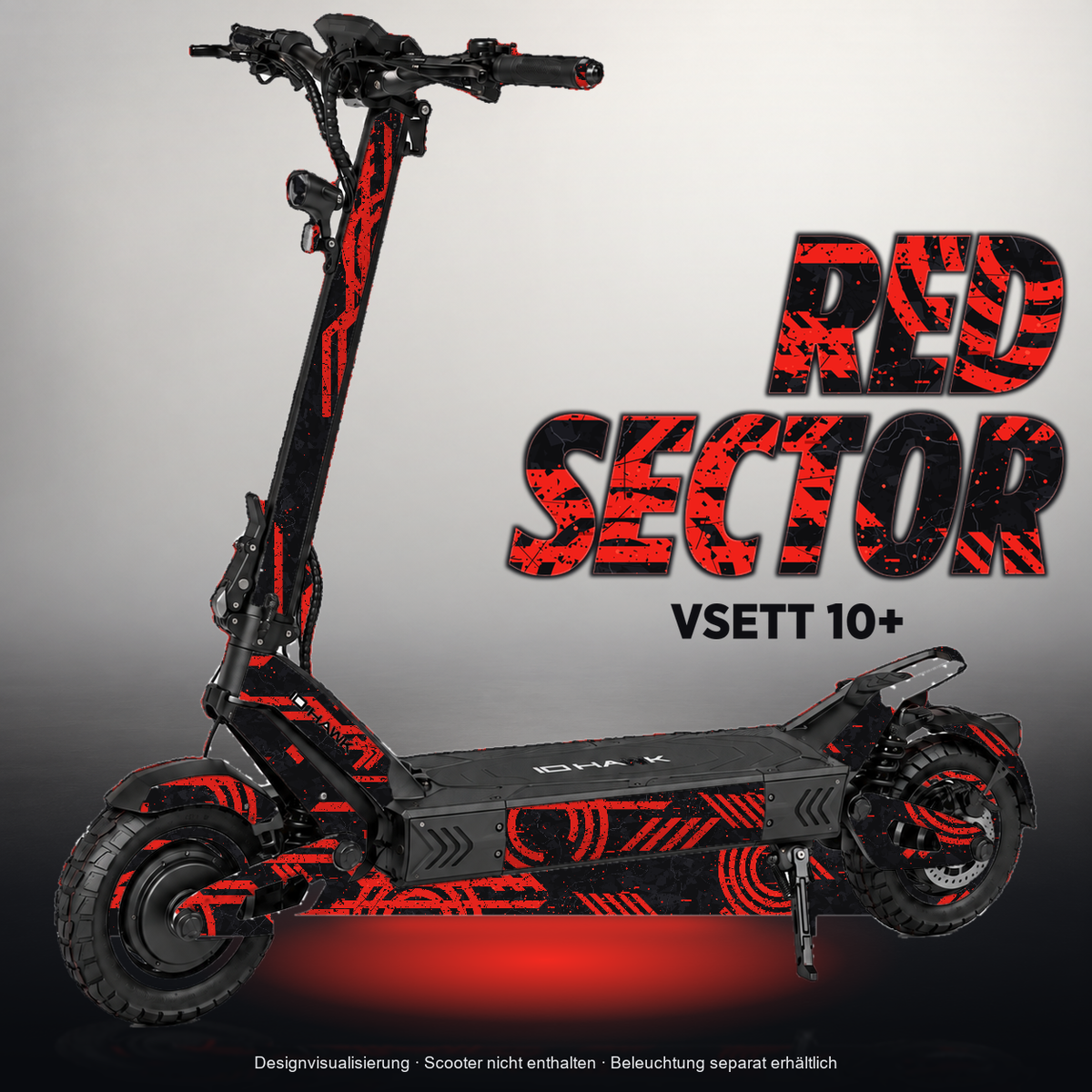 VSETT 10+ SKIN | RED SECTOR – Designvisualisierung mit Licht in der Skinfarbe; Scooter nicht enthalten, Beleuchtung separat erhältlich