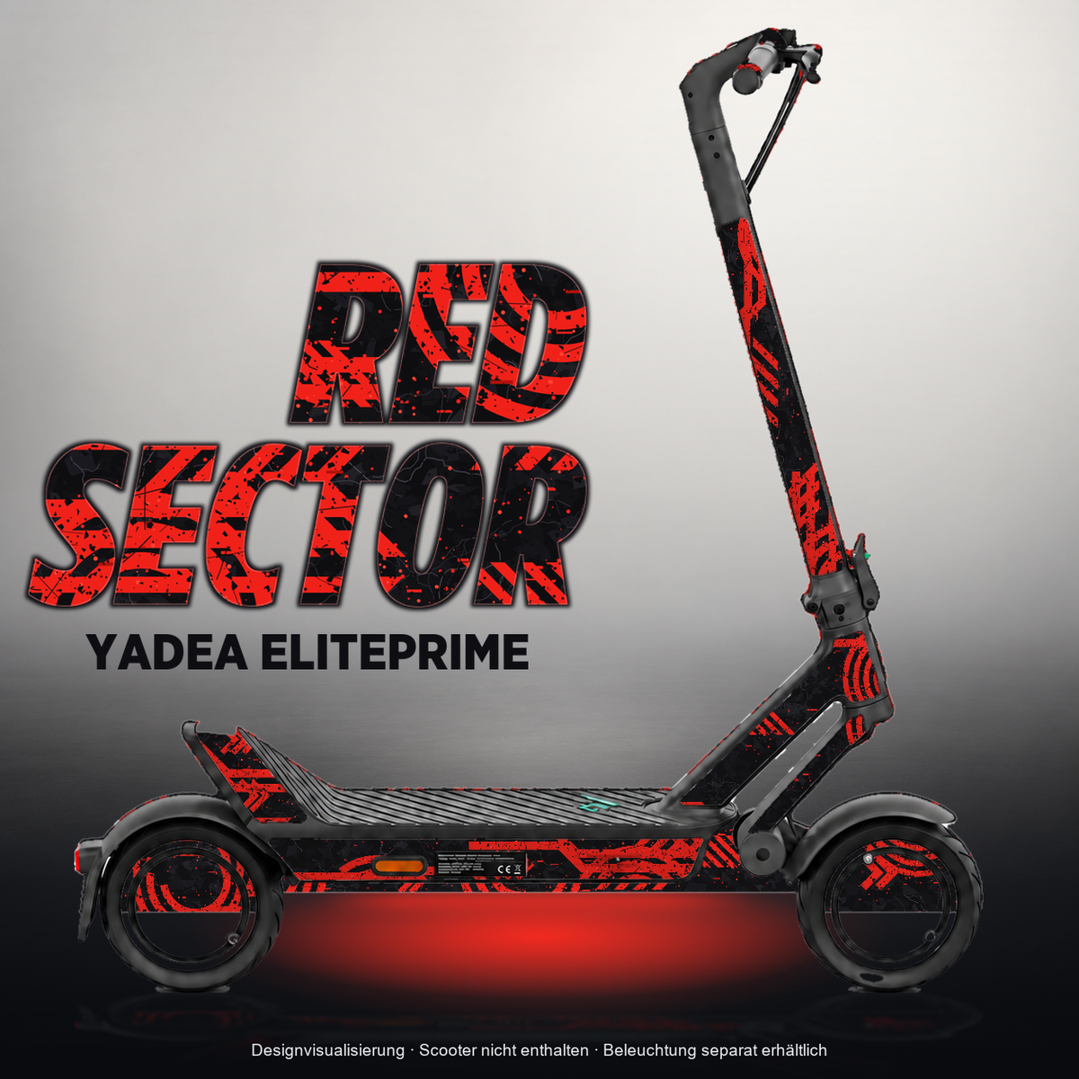 YADEA ELITEPRIME SKIN | RED SECTOR – Designvisualisierung mit Licht in der Skinfarbe; Scooter nicht enthalten, Beleuchtung separat erhältlich