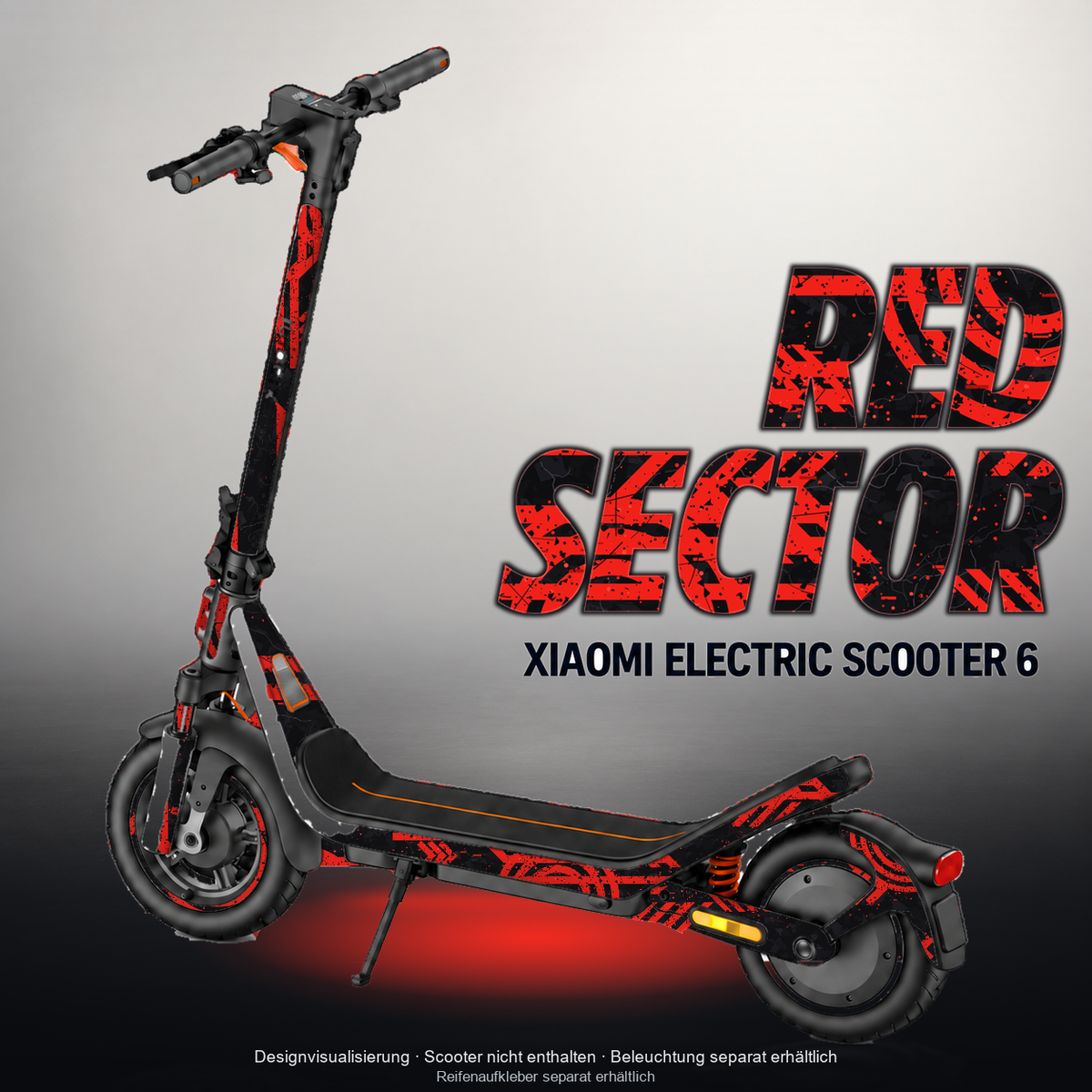 XIAOMI ELECTRIC SCOOTER 6 SKIN | RED SECTOR – Designvisualisierung mit Licht in der Skinfarbe; Scooter nicht enthalten, Beleuchtung separat erhältlich