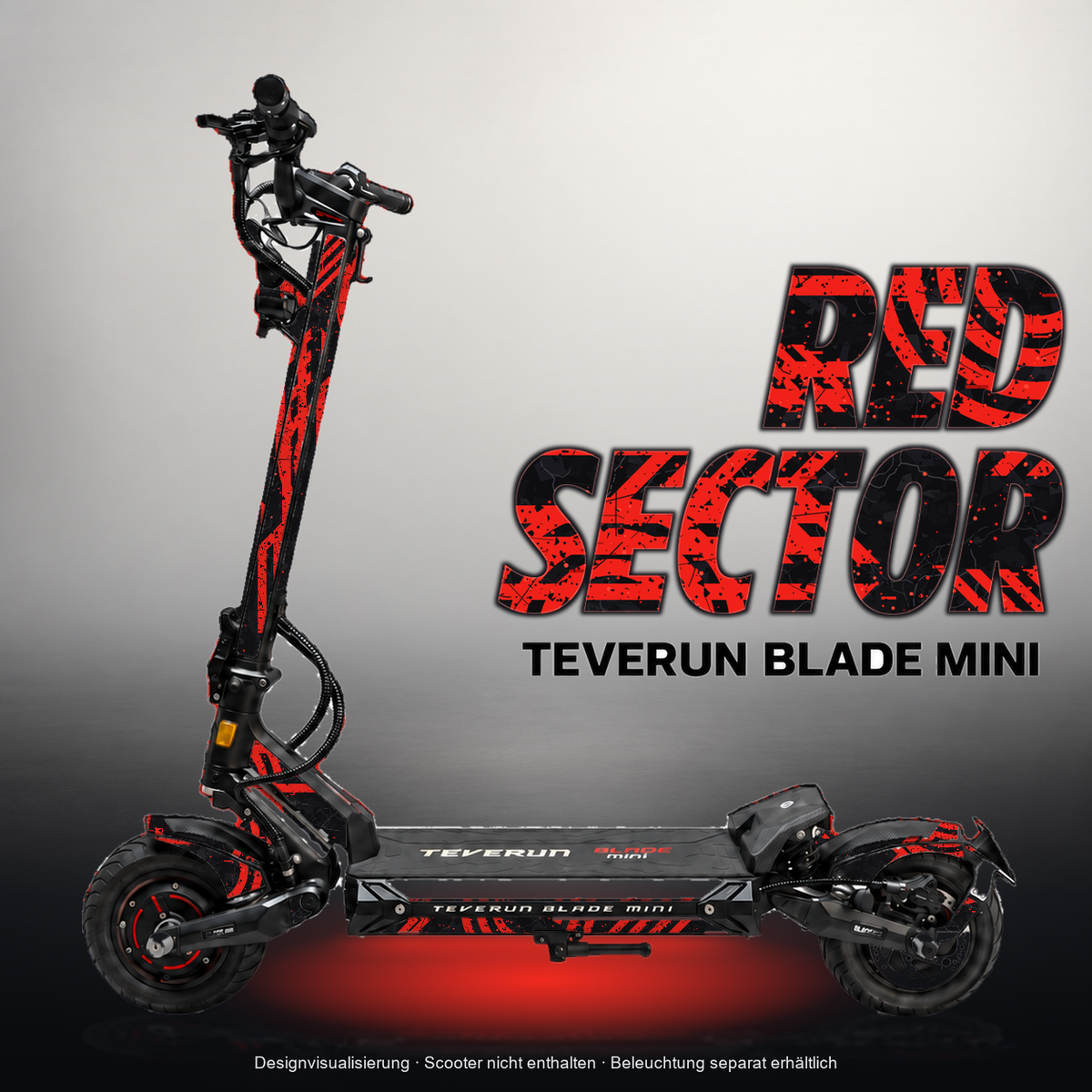 TEVERUN BLADE MINI / PRO / ULTRA SKIN | RED SECTOR – Designvisualisierung mit Licht in der Skinfarbe; Scooter nicht enthalten, Beleuchtung separat erhältlich