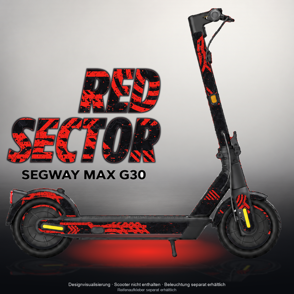 SEGWAY MAX G30 SKIN | RED SECTOR – Designvisualisierung mit Licht in der Skinfarbe; Scooter nicht enthalten, Beleuchtung separat erhältlich