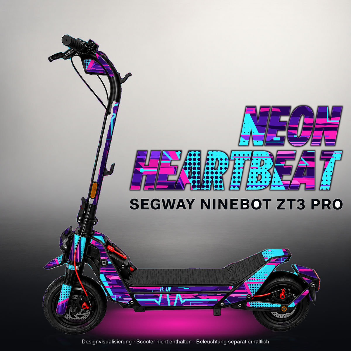 SEGWAY NINEBOT ZT3 PRO / ZT3 PRO D SKIN | NEON HEARTBEAT – Designvisualisierung mit Licht in der Skinfarbe; Scooter nicht enthalten, Beleuchtung separat erhältlich