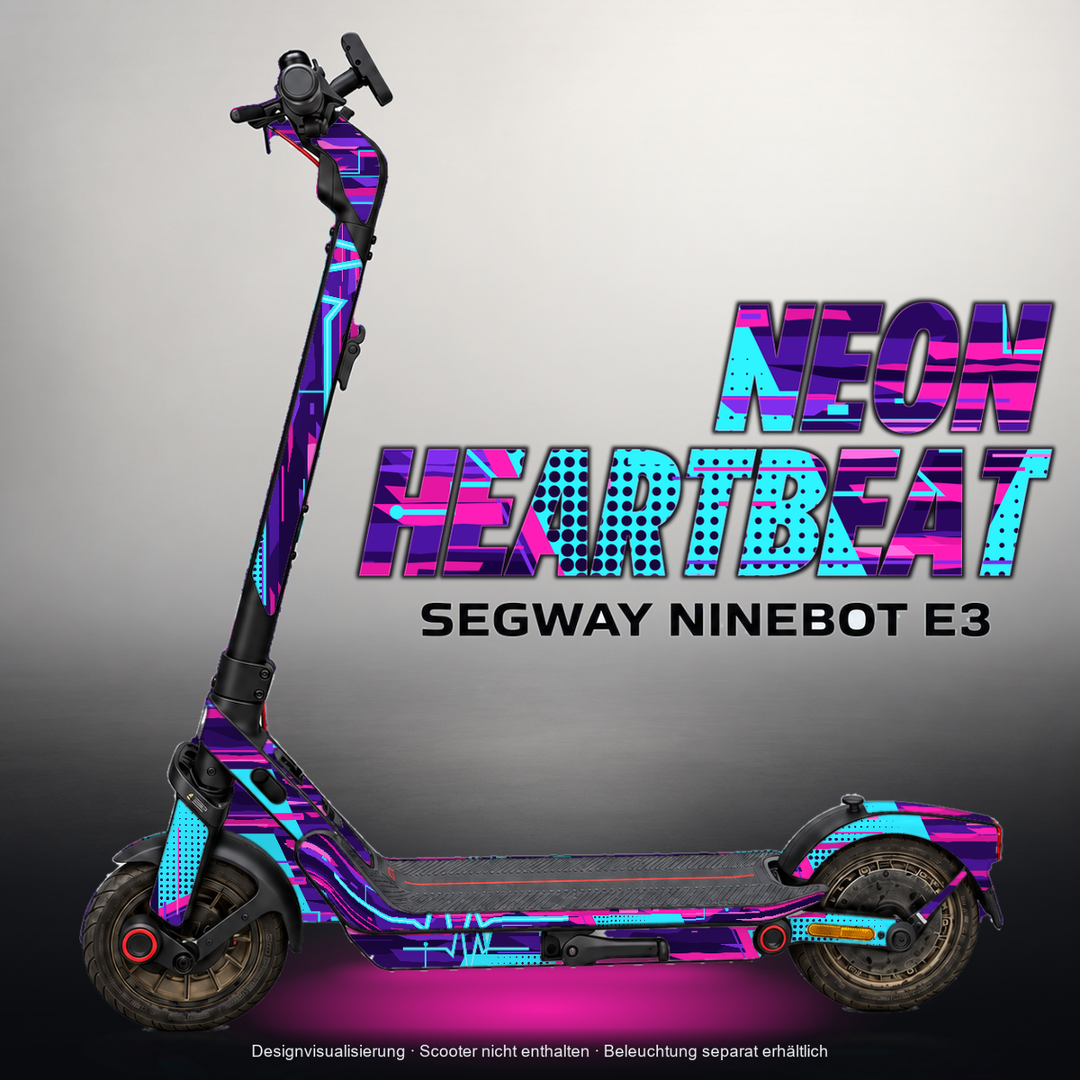 SEGWAY NINEBOT E3 / E3 PRO SKIN | NEON HEARTBEAT – Designvisualisierung mit Licht in der Skinfarbe; Scooter nicht enthalten, Beleuchtung separat erhältlich
