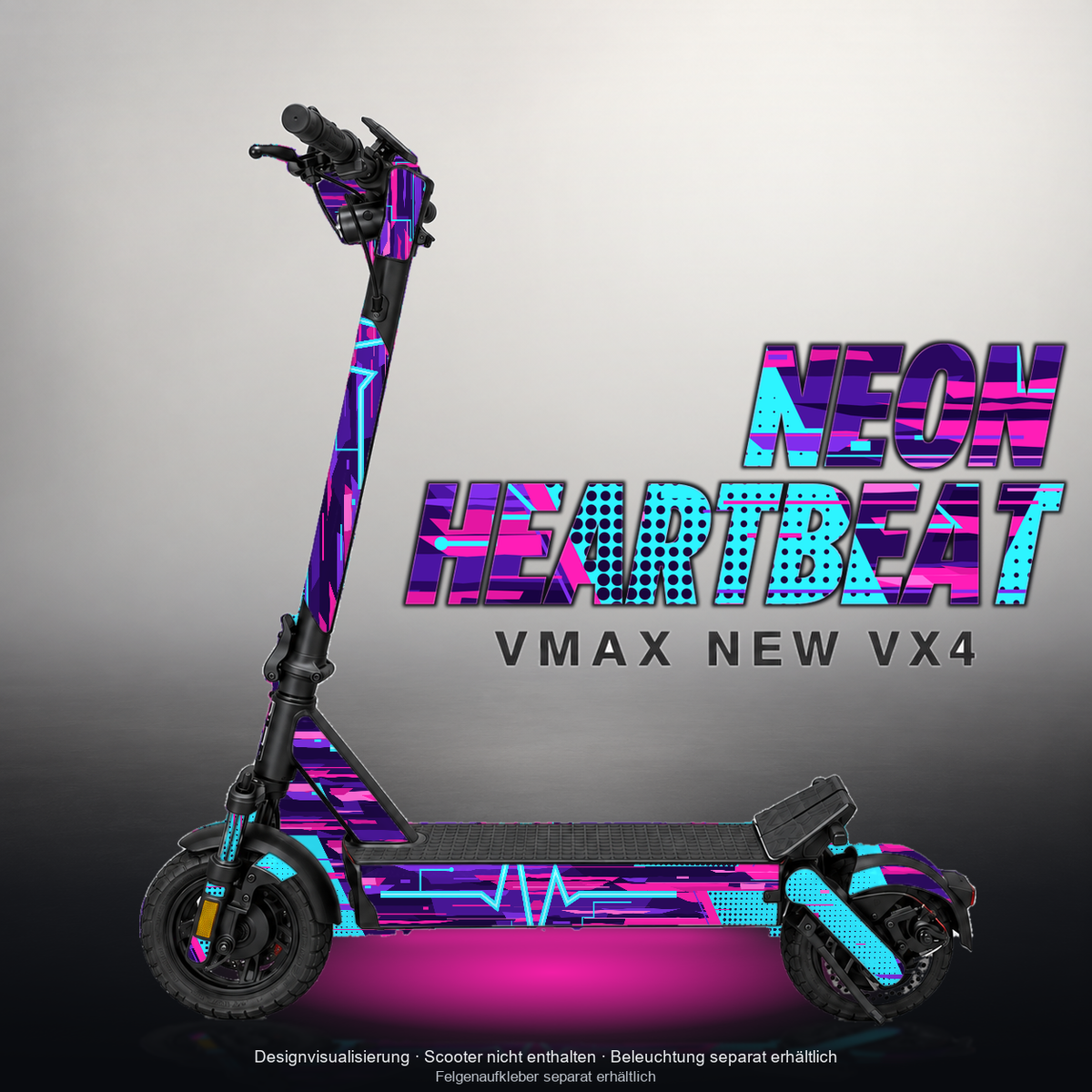 VMAX NEW VX4 SKIN | NEON HEARTBEAT – Designvisualisierung mit Licht in der Skinfarbe; Scooter nicht enthalten, Beleuchtung separat erhältlich
