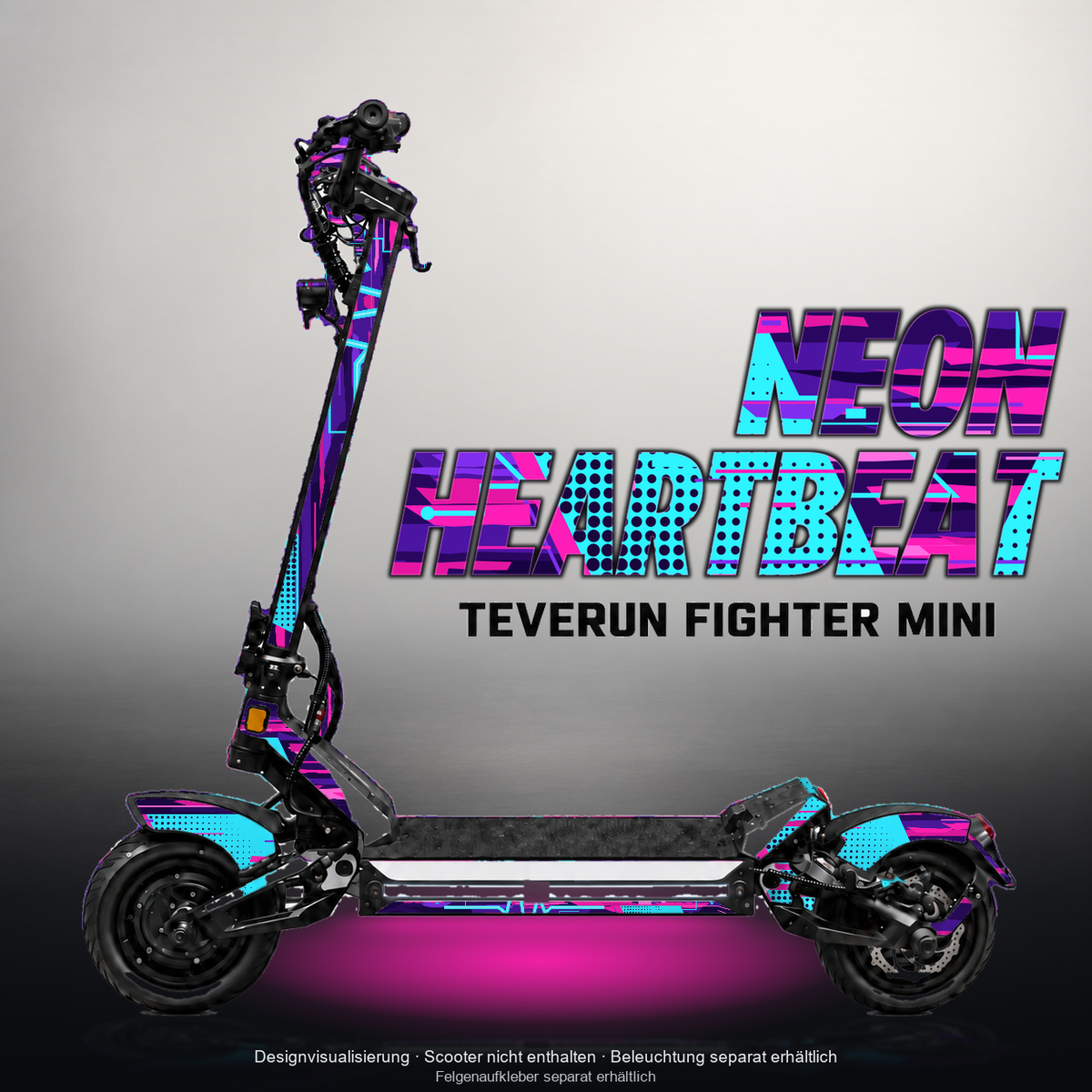 TEVERUN FIGHTER MINI / PRO SKIN | NEON HEARTBEAT – Designvisualisierung mit Licht in der Skinfarbe; Scooter nicht enthalten, Beleuchtung separat erhältlich