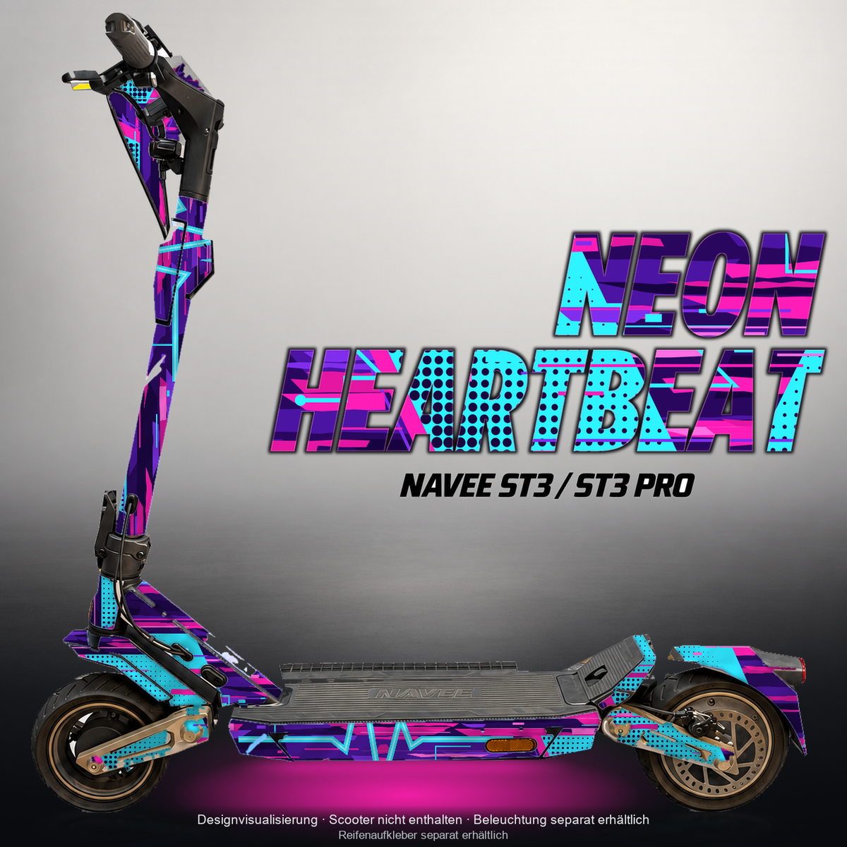 NAVEE ST3 / ST3 PRO SKIN | NEON HEARTBEAT – Designvisualisierung mit Licht in der Skinfarbe; Scooter nicht enthalten, Beleuchtung separat erhältlich