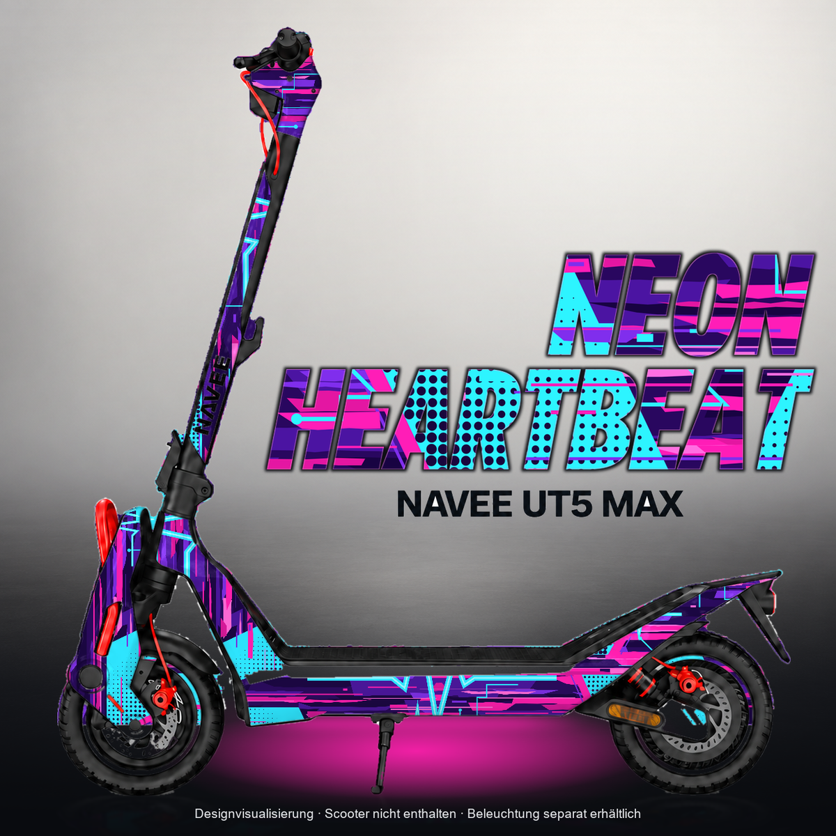 NAVEE UT5 MAX SKIN | NEON HEARTBEAT – Designvisualisierung mit Licht in der Skinfarbe; Scooter nicht enthalten, Beleuchtung separat erhältlich