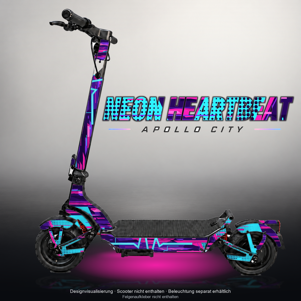 APOLLO CITY / CITY PRO (2022–2024) SKIN | NEON HEARTBEAT – Designvisualisierung mit Licht in der Skinfarbe; Scooter nicht enthalten, Beleuchtung separat erhältlich