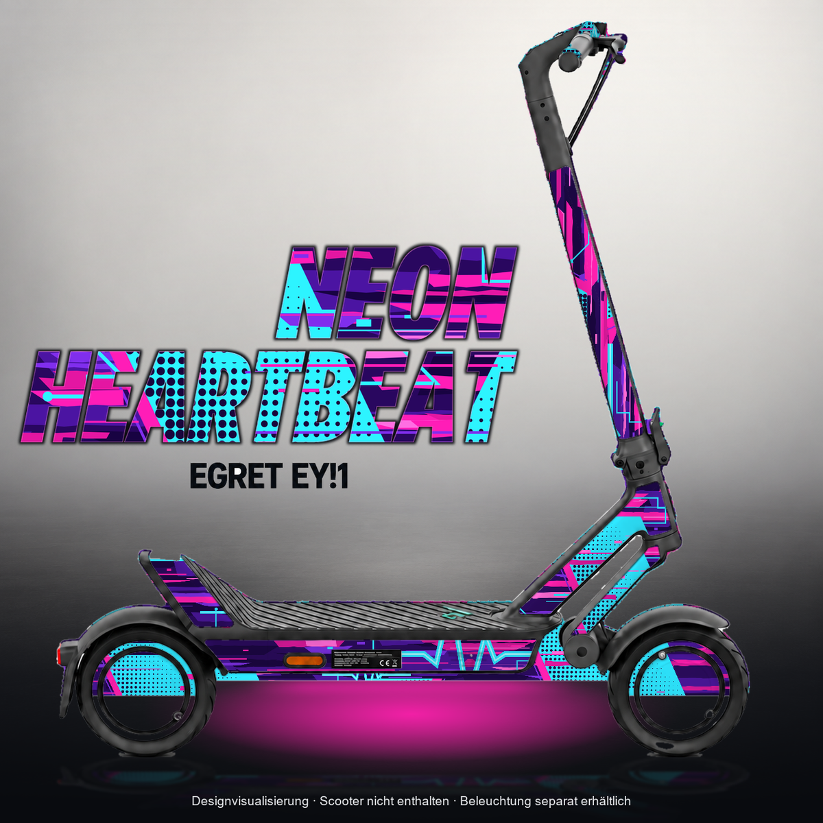 EGRET EY!1 SKIN | NEON HEARTBEAT – Designvisualisierung mit Licht in der Skinfarbe; Scooter nicht enthalten, Beleuchtung separat erhältlich