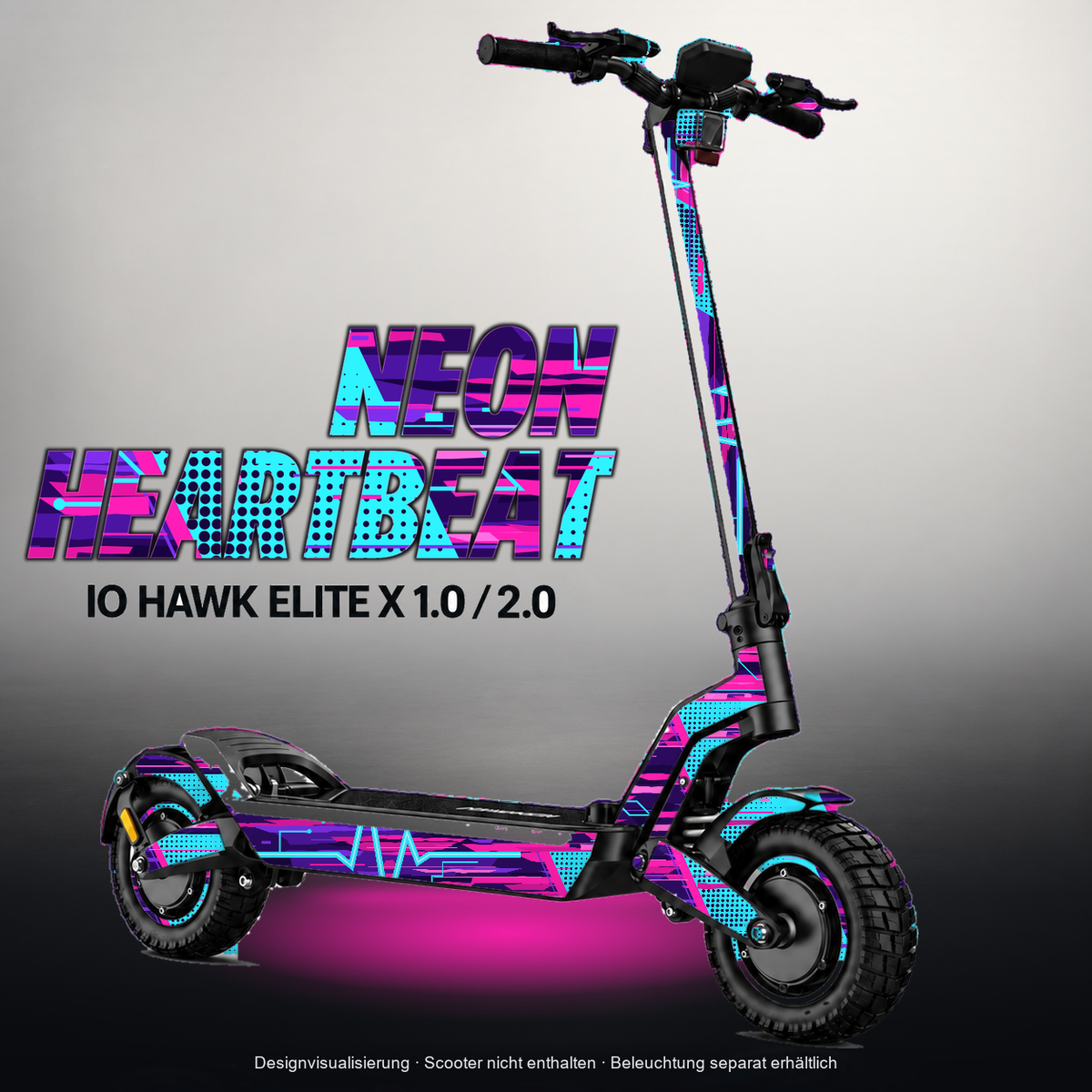 IO HAWK ELITE X 1.0 / 2.0 SKIN | NEON HEARTBEAT – Designvisualisierung mit Licht in der Skinfarbe; Scooter nicht enthalten, Beleuchtung separat erhältlich