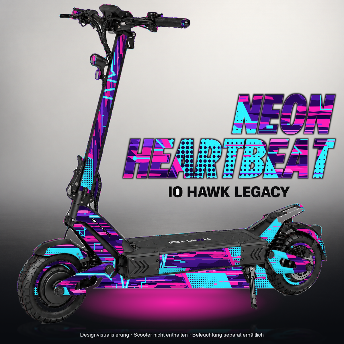 IO HAWK LEGACY SKIN | NEON HEARTBEAT – Designvisualisierung mit Licht in der Skinfarbe; Scooter nicht enthalten, Beleuchtung separat erhältlich