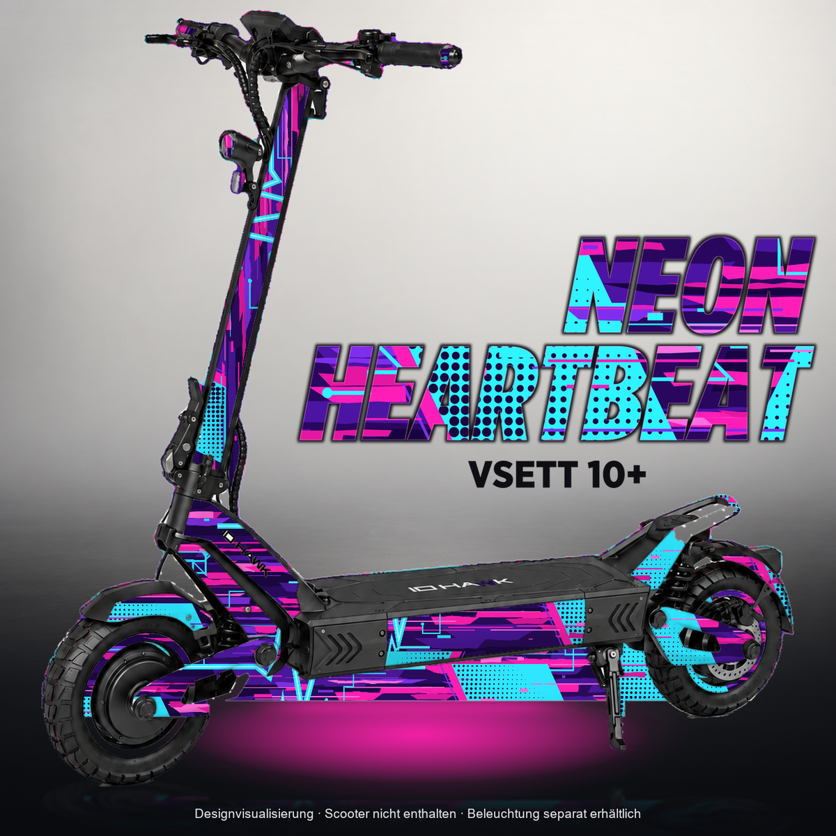 VSETT 10+ SKIN | NEON HEARTBEAT – Designvisualisierung mit Licht in der Skinfarbe; Scooter nicht enthalten, Beleuchtung separat erhältlich