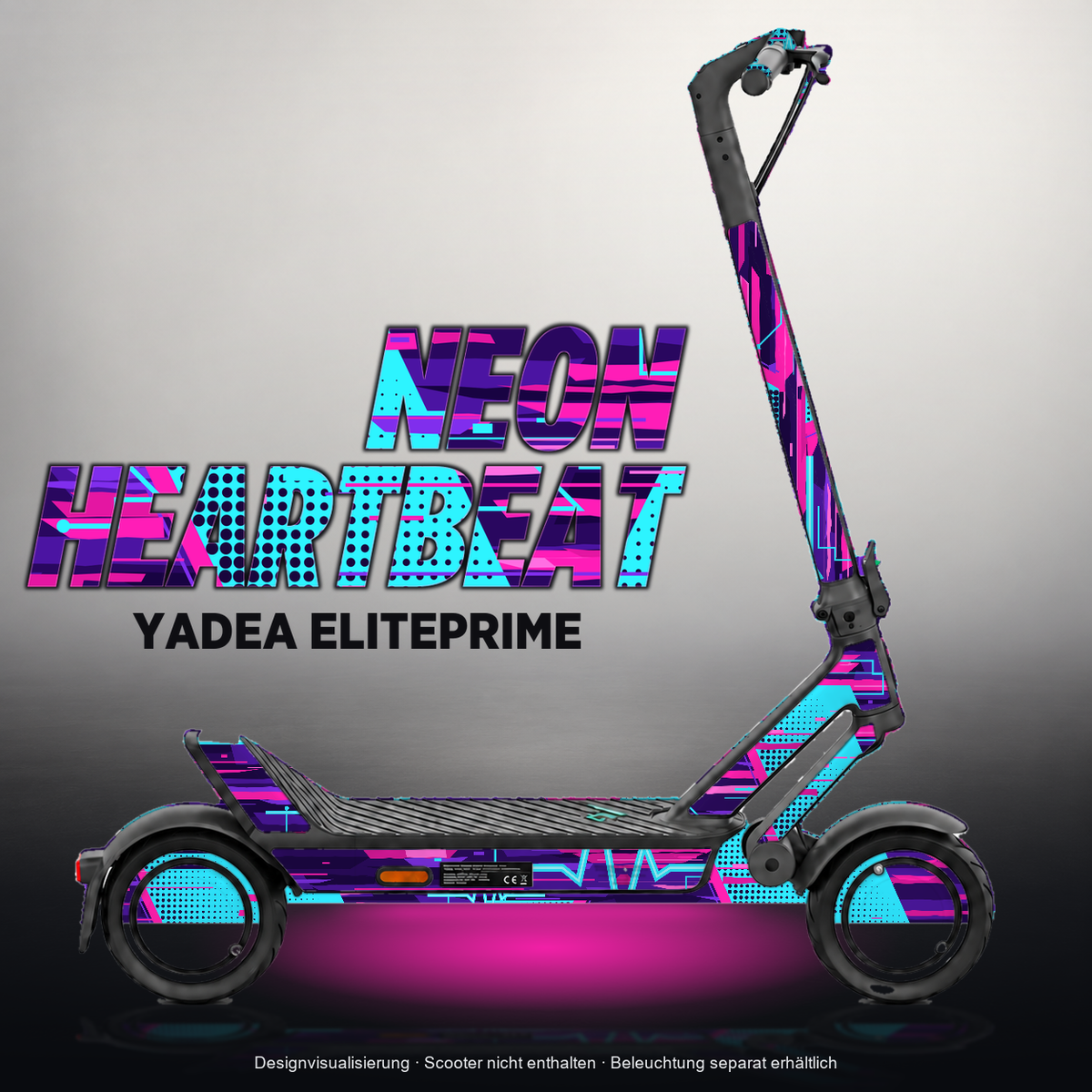 YADEA ELITEPRIME SKIN | NEON HEARTBEAT – Designvisualisierung mit Licht in der Skinfarbe; Scooter nicht enthalten, Beleuchtung separat erhältlich