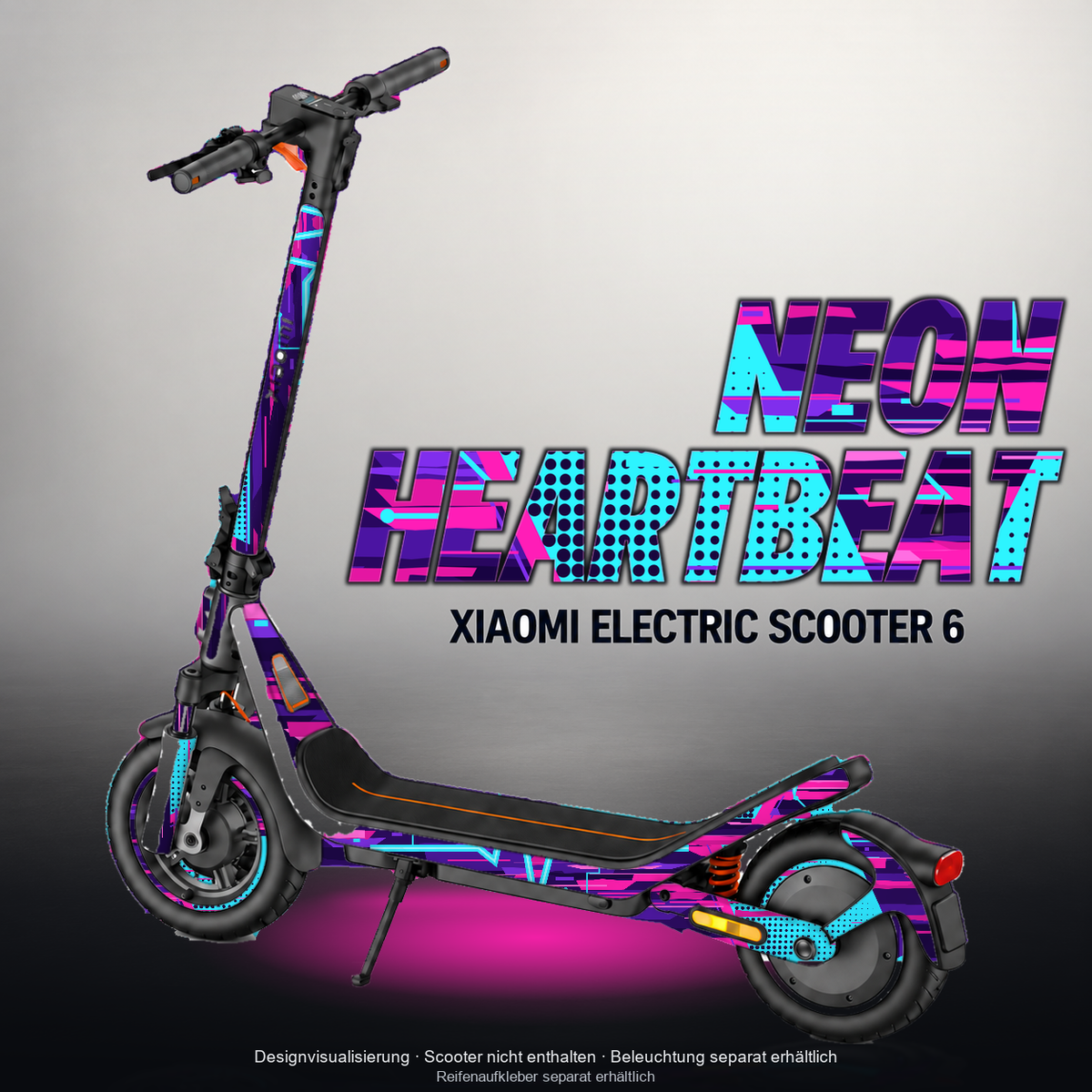 XIAOMI ELECTRIC SCOOTER 6 SKIN | NEON HEARTBEAT – Designvisualisierung mit Licht in der Skinfarbe; Scooter nicht enthalten, Beleuchtung separat erhältlich