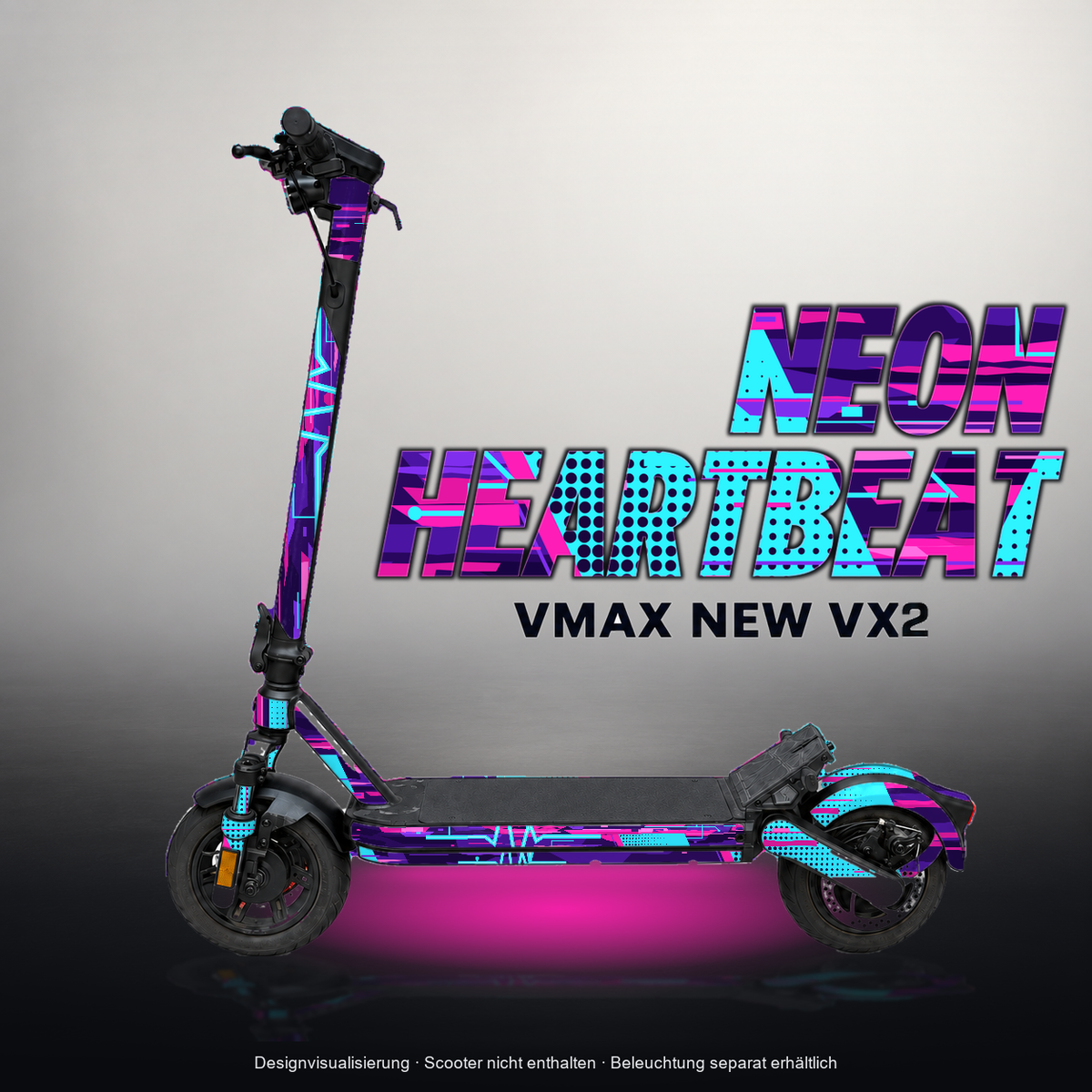 VMAX NEW VX2 SKIN | NEON HEARTBEAT – Designvisualisierung mit Licht in der Skinfarbe; Scooter nicht enthalten, Beleuchtung separat erhältlich