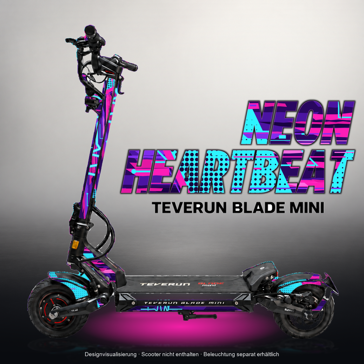 TEVERUN BLADE MINI / PRO / ULTRA SKIN | NEON HEARTBEAT – Designvisualisierung mit Licht in der Skinfarbe; Scooter nicht enthalten, Beleuchtung separat erhältlich