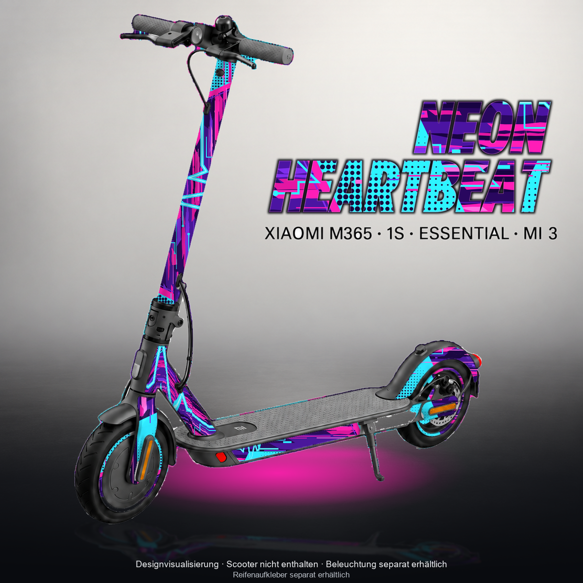 XIAOMI M365 / 1S / ESSENTIAL / MI 3 SKIN | NEON HEARTBEAT – Designvisualisierung mit Licht in der Skinfarbe; Scooter nicht enthalten, Beleuchtung separat erhältlich