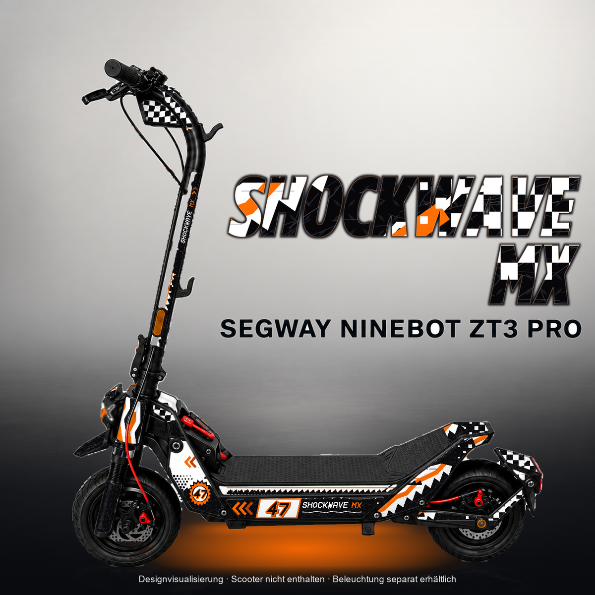 SEGWAY NINEBOT ZT3 PRO / ZT3 PRO D SKIN | SHOCKWAVE MX – Designvisualisierung mit Licht in der Skinfarbe; Scooter nicht enthalten, Beleuchtung separat erhältlich