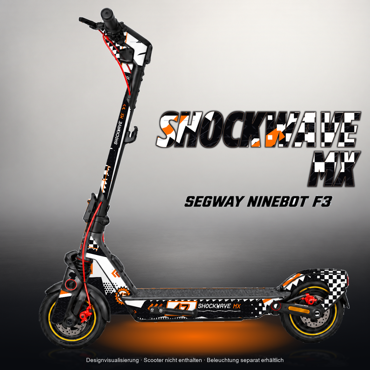 SEGWAY NINEBOT F3 / F3 PRO SKIN | SHOCKWAVE MX – Designvisualisierung mit Licht in der Skinfarbe; Scooter nicht enthalten, Beleuchtung separat erhältlich
