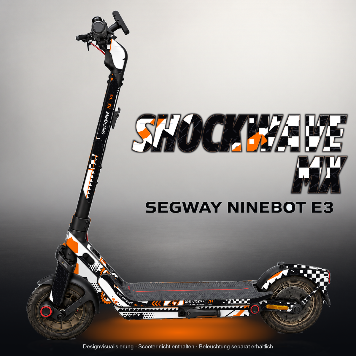 SEGWAY NINEBOT E3 / E3 PRO SKIN | SHOCKWAVE MX – Designvisualisierung mit Licht in der Skinfarbe; Scooter nicht enthalten, Beleuchtung separat erhältlich