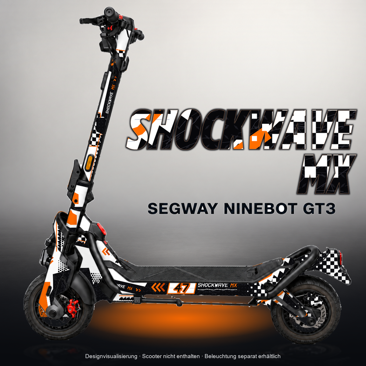 SEGWAY NINEBOT GT3 SKIN | SHOCKWAVE MX – Designvisualisierung mit Licht in der Skinfarbe; Scooter nicht enthalten, Beleuchtung separat erhältlich