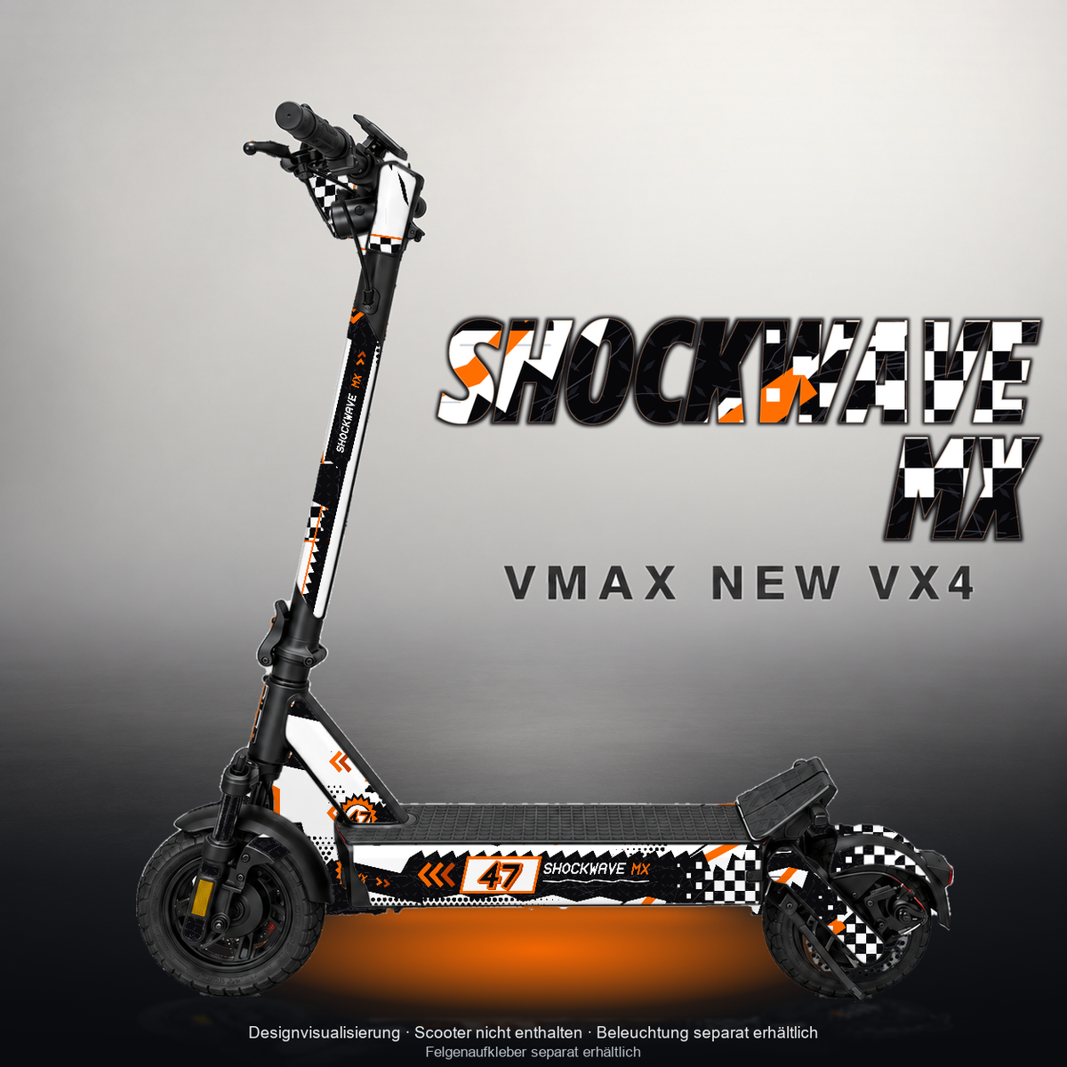 VMAX NEW VX4 SKIN | SHOCKWAVE MX – Designvisualisierung mit Licht in der Skinfarbe; Scooter nicht enthalten, Beleuchtung separat erhältlich