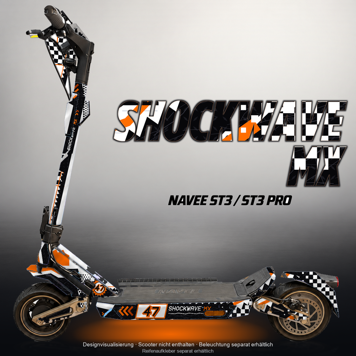 NAVEE ST3 / ST3 PRO SKIN | SHOCKWAVE MX – Designvisualisierung mit Licht in der Skinfarbe; Scooter nicht enthalten, Beleuchtung separat erhältlich
