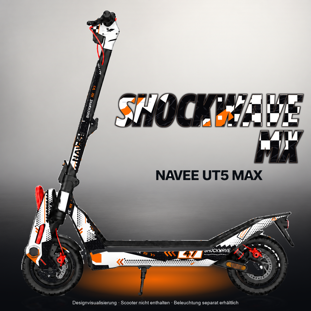 NAVEE UT5 MAX SKIN | SHOCKWAVE MX – Designvisualisierung mit Licht in der Skinfarbe; Scooter nicht enthalten, Beleuchtung separat erhältlich