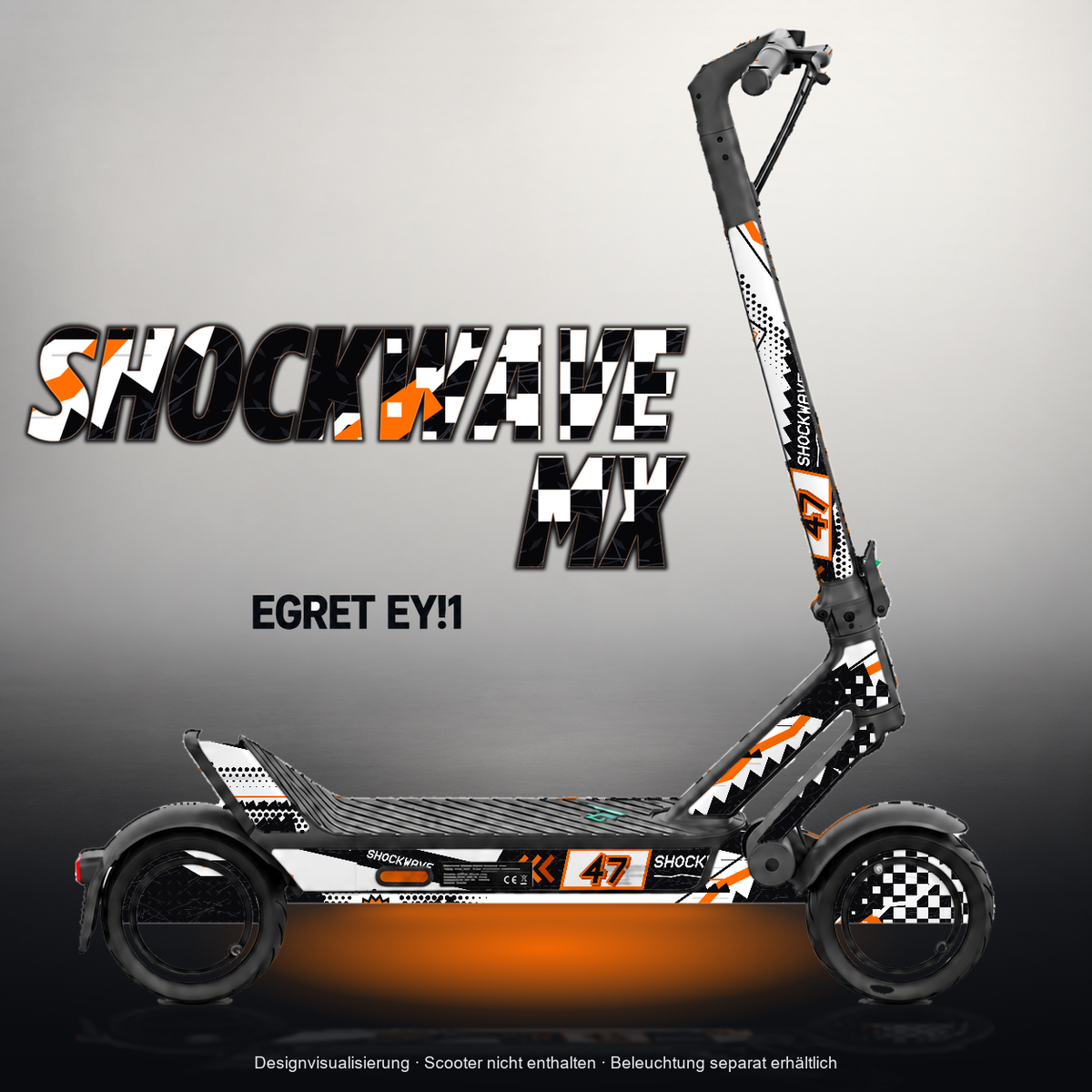 EGRET EY!1 SKIN | SHOCKWAVE MX – Designvisualisierung mit Licht in der Skinfarbe; Scooter nicht enthalten, Beleuchtung separat erhältlich