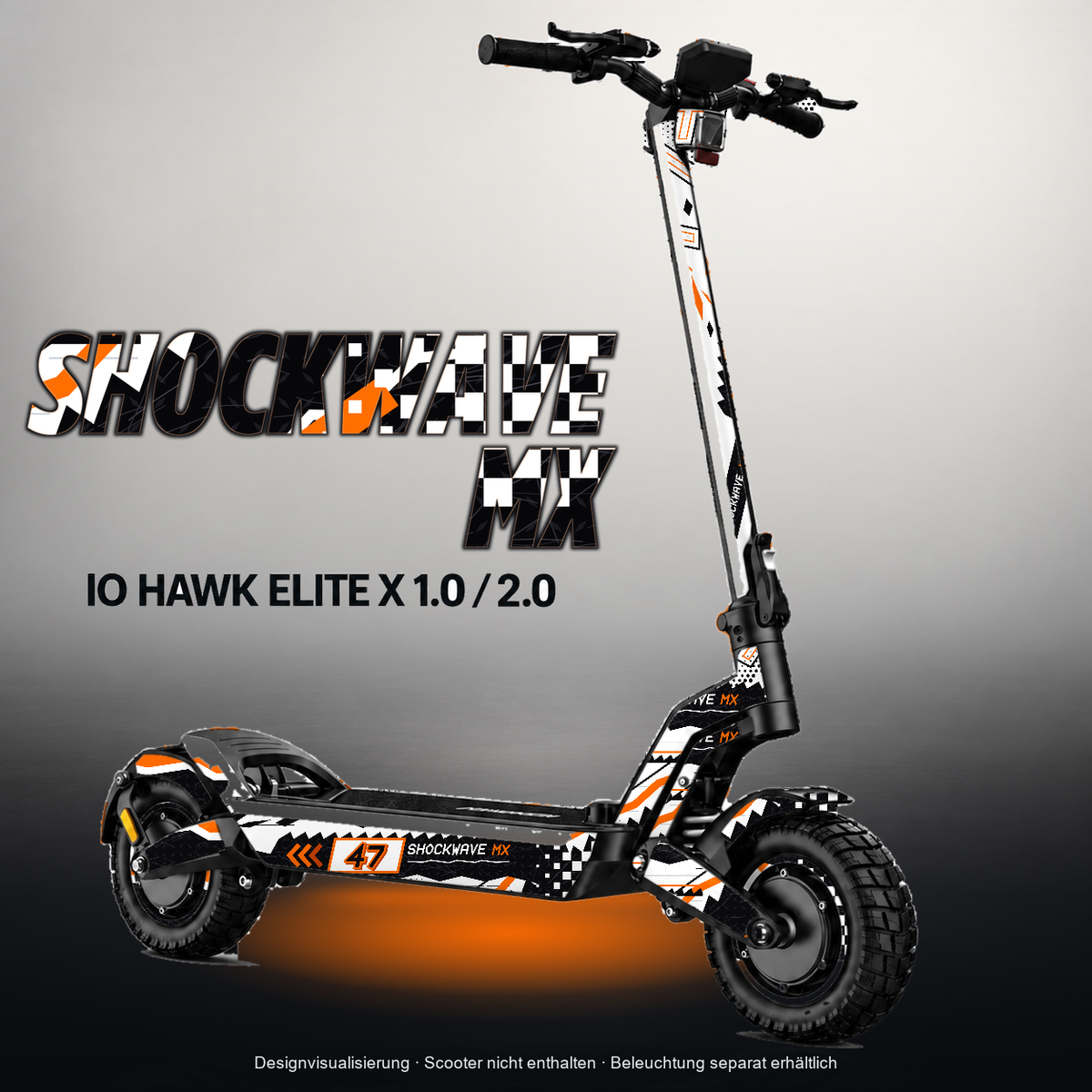 IO HAWK ELITE X 1.0 / 2.0 SKIN | SHOCKWAVE MX – Designvisualisierung mit Licht in der Skinfarbe; Scooter nicht enthalten, Beleuchtung separat erhältlich