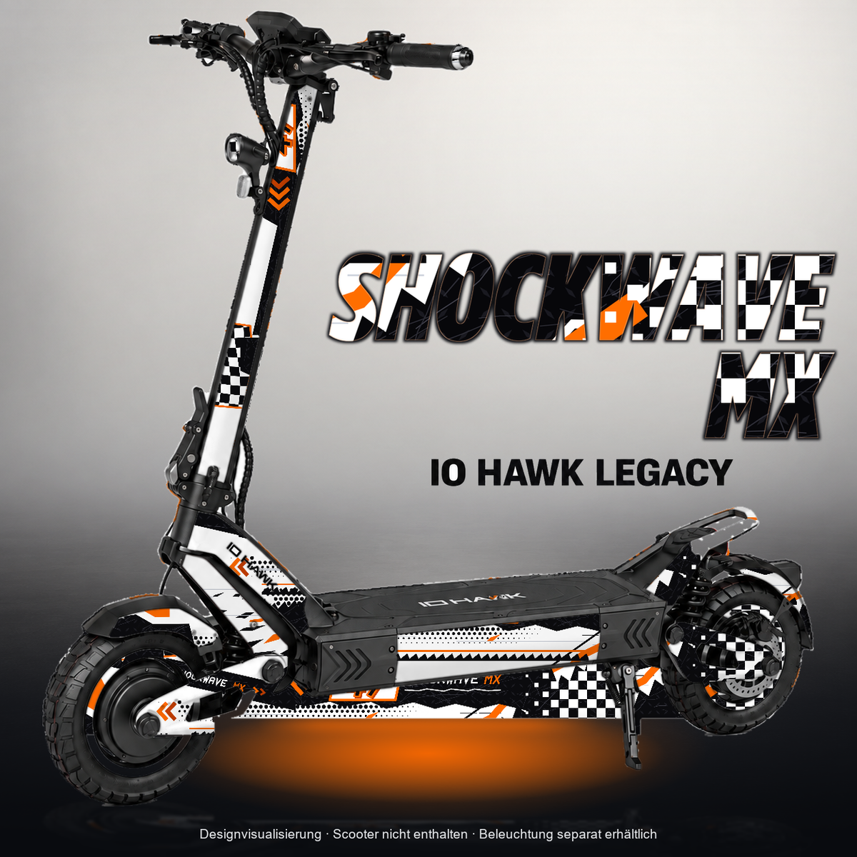 IO HAWK LEGACY SKIN | SHOCKWAVE MX – Designvisualisierung mit Licht in der Skinfarbe; Scooter nicht enthalten, Beleuchtung separat erhältlich