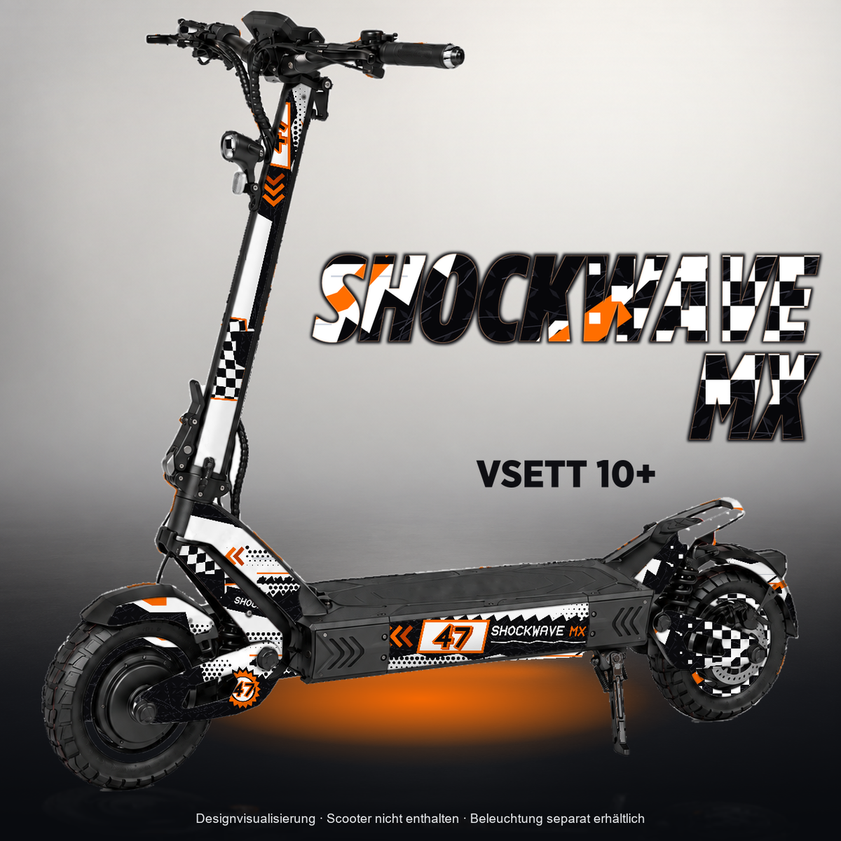 VSETT 10+ SKIN | SHOCKWAVE MX – Designvisualisierung mit Licht in der Skinfarbe; Scooter nicht enthalten, Beleuchtung separat erhältlich