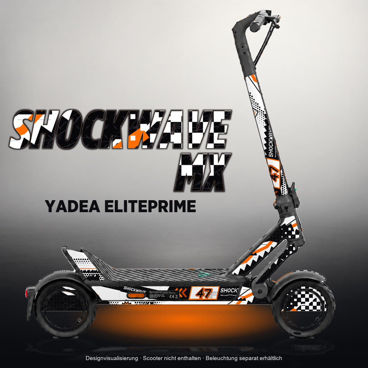 YADEA ELITEPRIME SKIN | SHOCKWAVE MX – Designvisualisierung mit Licht in der Skinfarbe; Scooter nicht enthalten, Beleuchtung separat erhältlich