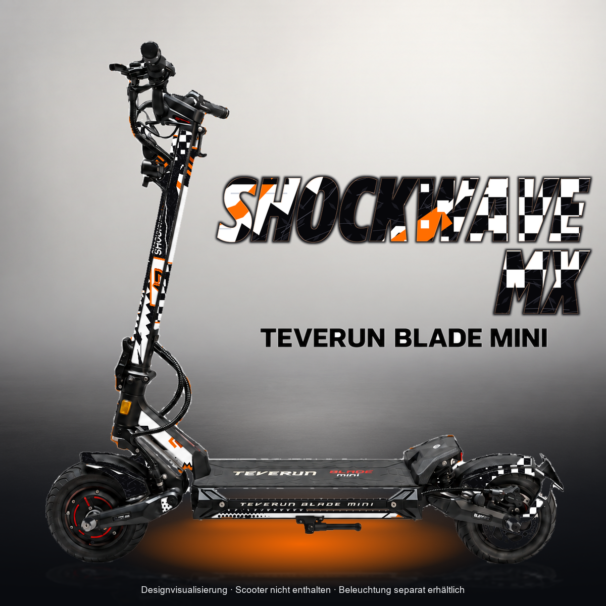 TEVERUN BLADE MINI / PRO / ULTRA SKIN | SHOCKWAVE MX – Designvisualisierung mit Licht in der Skinfarbe; Scooter nicht enthalten, Beleuchtung separat erhältlich