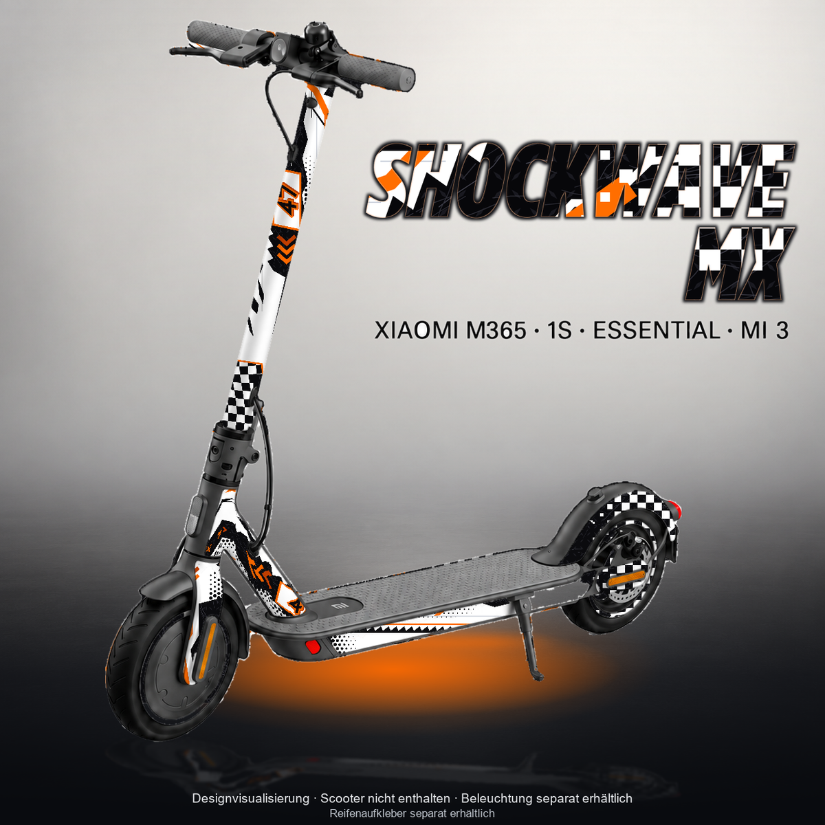 XIAOMI M365 / 1S / ESSENTIAL / MI 3 SKIN | SHOCKWAVE MX – Designvisualisierung mit Licht in der Skinfarbe; Scooter nicht enthalten, Beleuchtung separat erhältlich