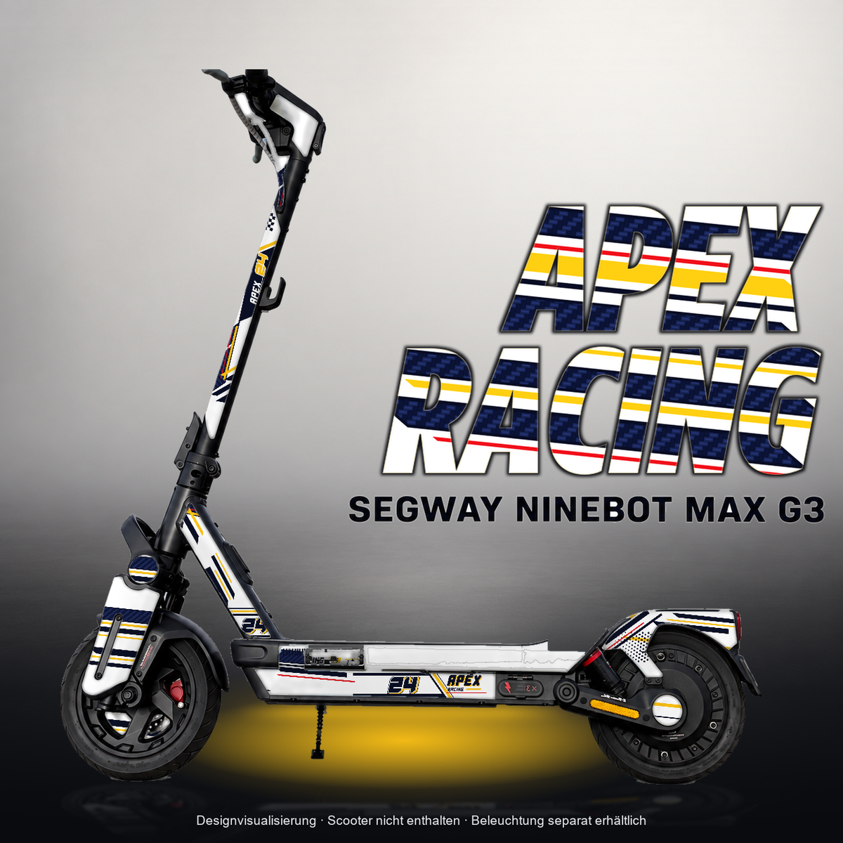 SEGWAY NINEBOT G3 / G3 D / G3 E SKIN | APEX RACING – Designvisualisierung mit Licht in der Skinfarbe; Scooter nicht enthalten, Beleuchtung separat erhältlich