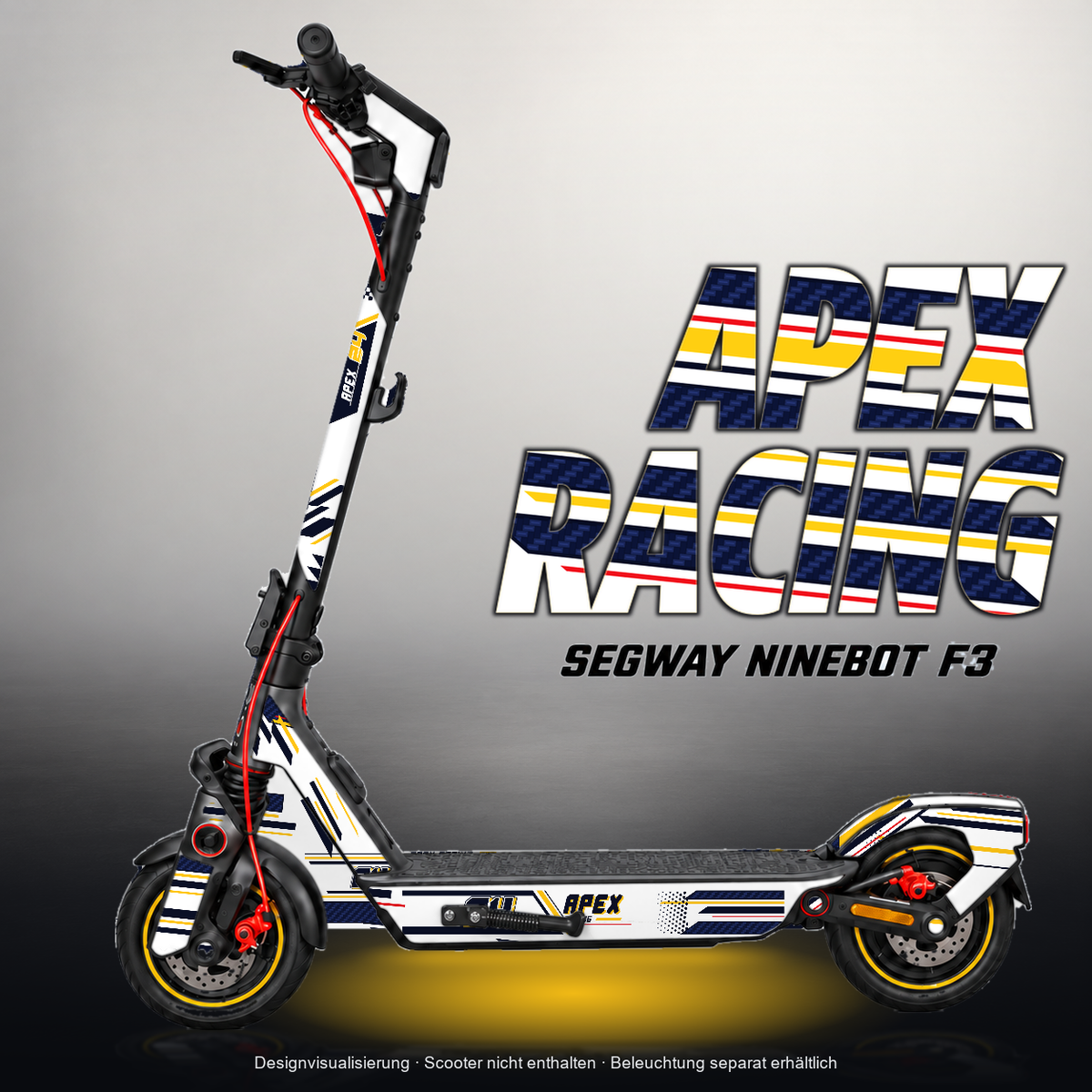 SEGWAY NINEBOT F3 / F3 PRO SKIN | APEX RACING – Designvisualisierung mit Licht in der Skinfarbe; Scooter nicht enthalten, Beleuchtung separat erhältlich