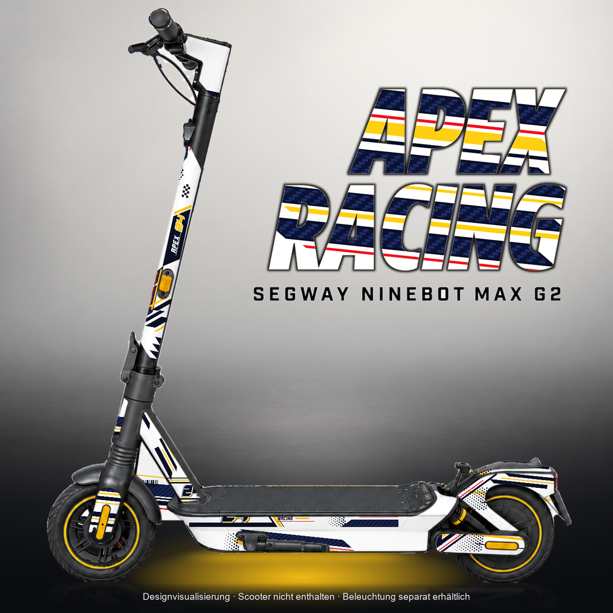 SEGWAY NINEBOT G2 MAX SKIN | APEX RACING – Designvisualisierung mit Licht in der Skinfarbe; Scooter nicht enthalten, Beleuchtung separat erhältlich