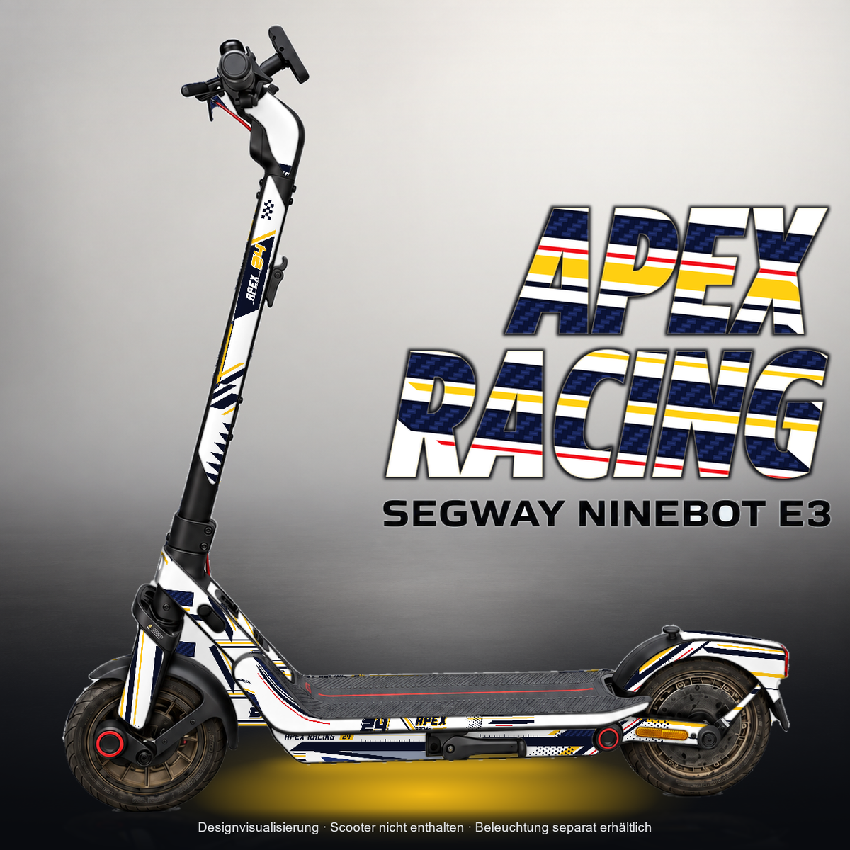 SEGWAY NINEBOT E3 / E3 PRO SKIN | APEX RACING – Designvisualisierung mit Licht in der Skinfarbe; Scooter nicht enthalten, Beleuchtung separat erhältlich