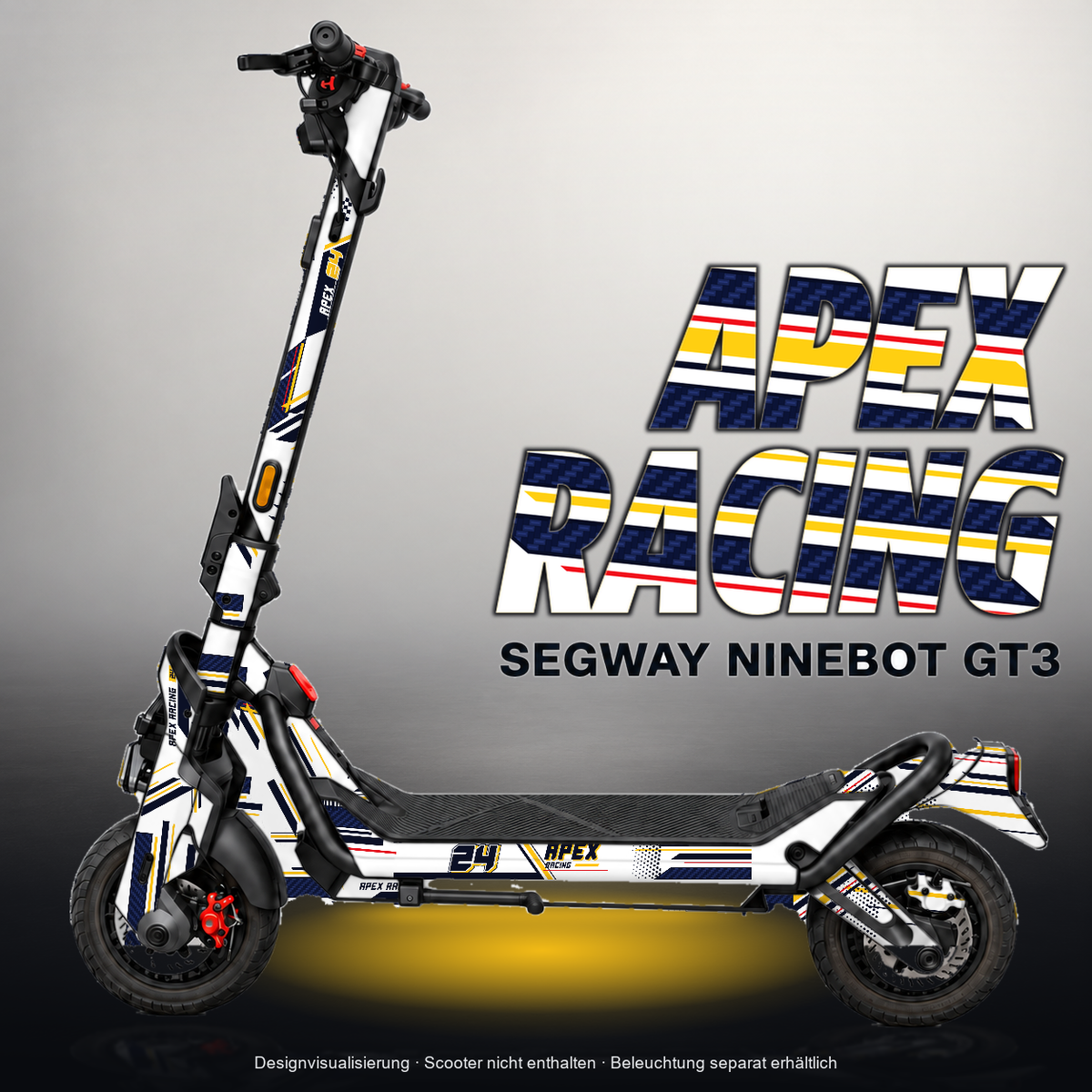 SEGWAY NINEBOT GT3 SKIN | APEX RACING – Designvisualisierung mit Licht in der Skinfarbe; Scooter nicht enthalten, Beleuchtung separat erhältlich