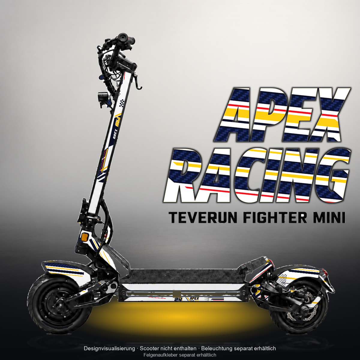 TEVERUN FIGHTER MINI / PRO SKIN | APEX RACING – Designvisualisierung mit Licht in der Skinfarbe; Scooter nicht enthalten, Beleuchtung separat erhältlich