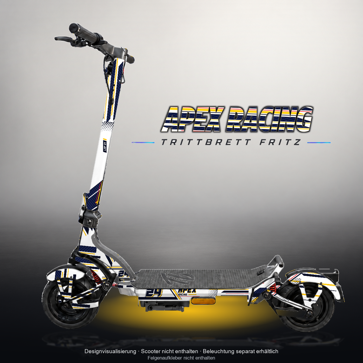 TRITTBRETT FRITZ SKIN | APEX RACING – Designvisualisierung mit Licht in der Skinfarbe; Scooter nicht enthalten, Beleuchtung separat erhältlich