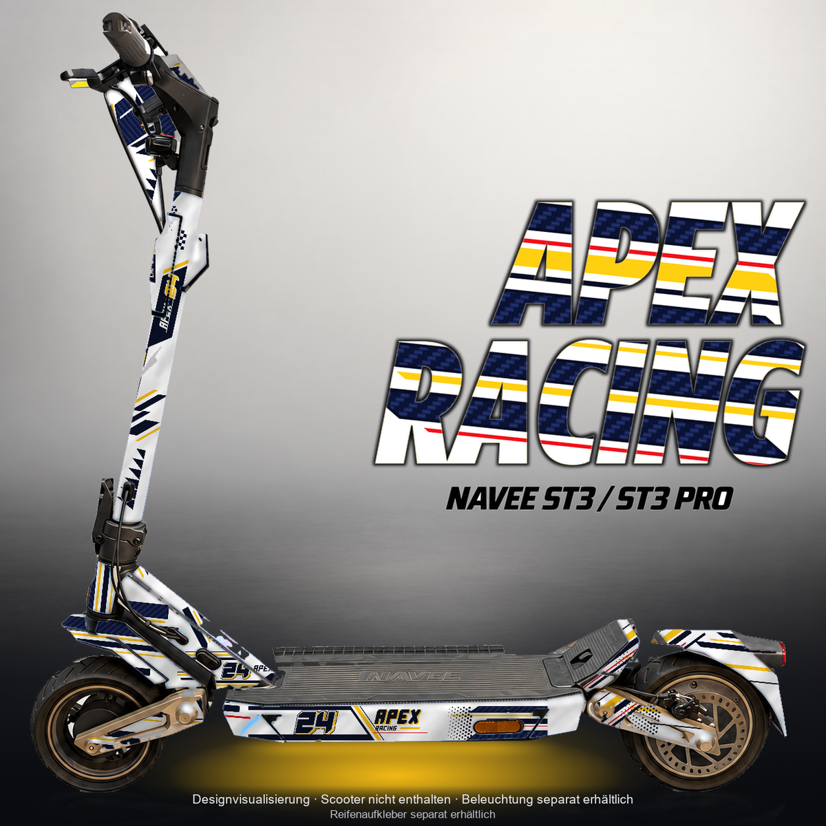NAVEE ST3 / ST3 PRO SKIN | APEX RACING – Designvisualisierung mit Licht in der Skinfarbe; Scooter nicht enthalten, Beleuchtung separat erhältlich