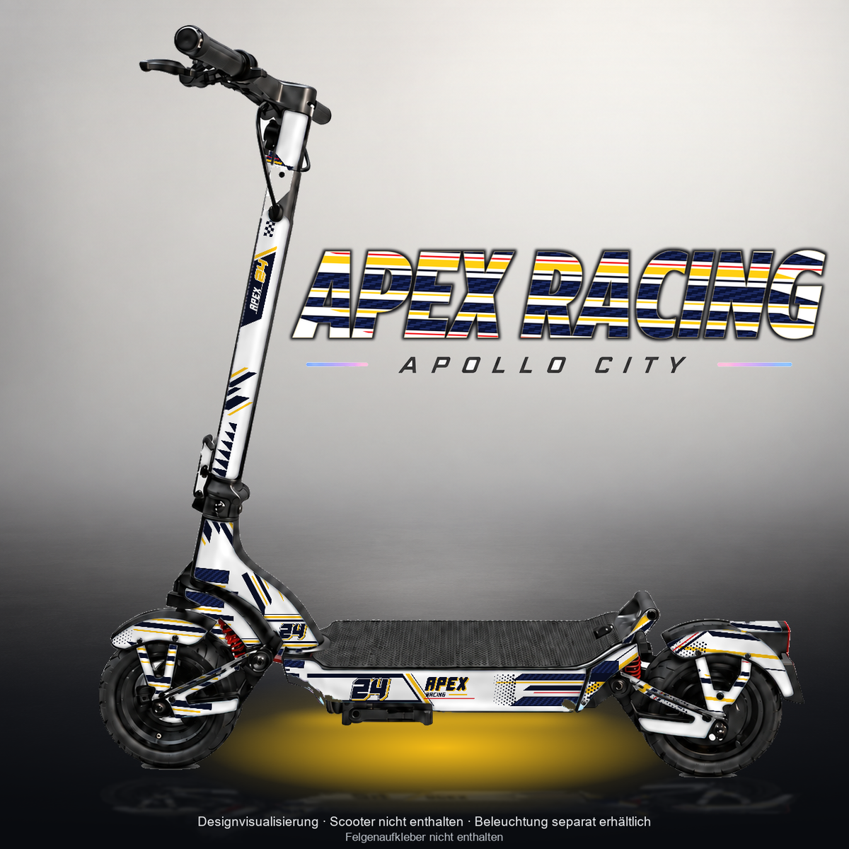 APOLLO CITY / CITY PRO (2022–2024) SKIN | APEX RACING – Designvisualisierung mit Licht in der Skinfarbe; Scooter nicht enthalten, Beleuchtung separat erhältlich