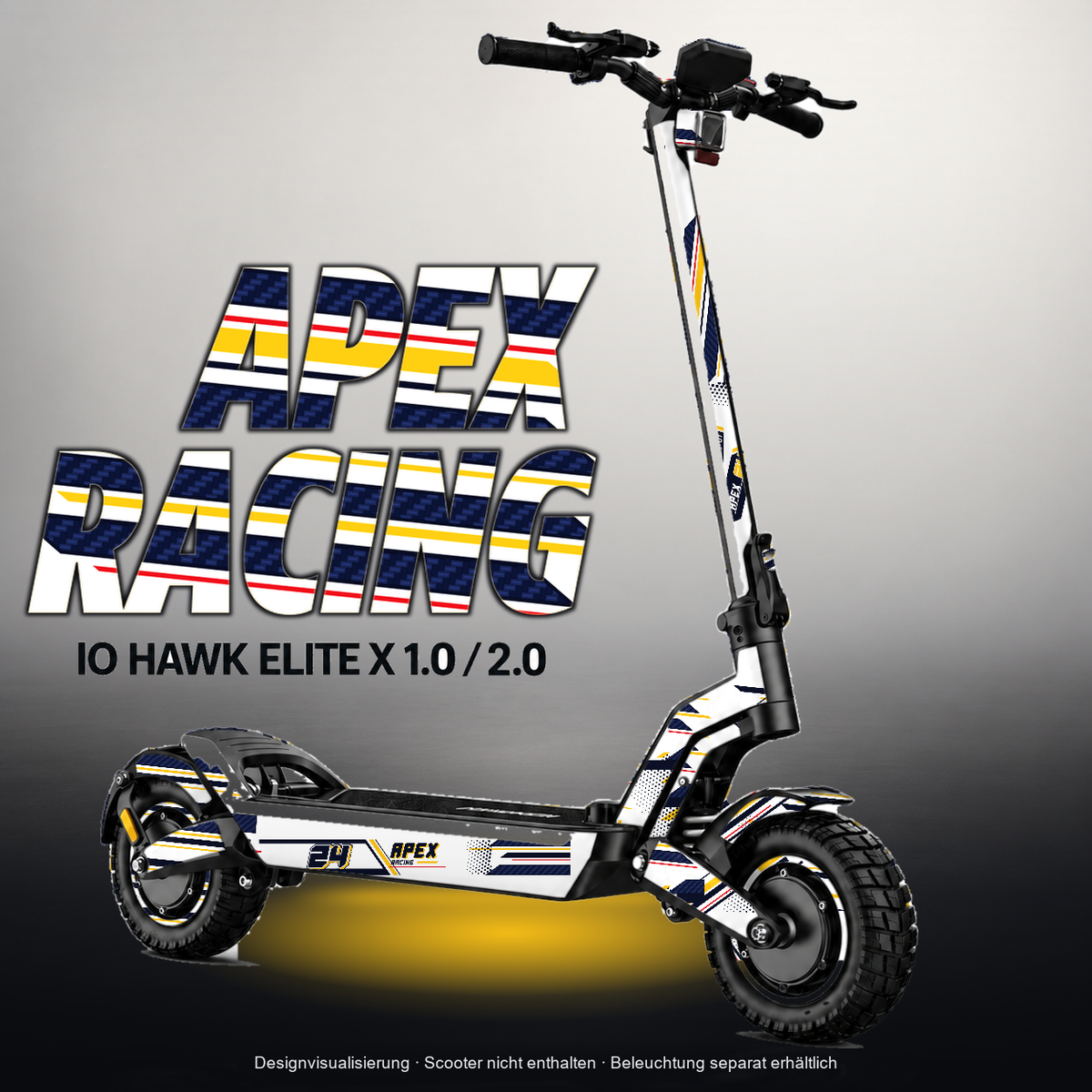IO HAWK ELITE X 1.0 / 2.0 SKIN | APEX RACING – Designvisualisierung mit Licht in der Skinfarbe; Scooter nicht enthalten, Beleuchtung separat erhältlich