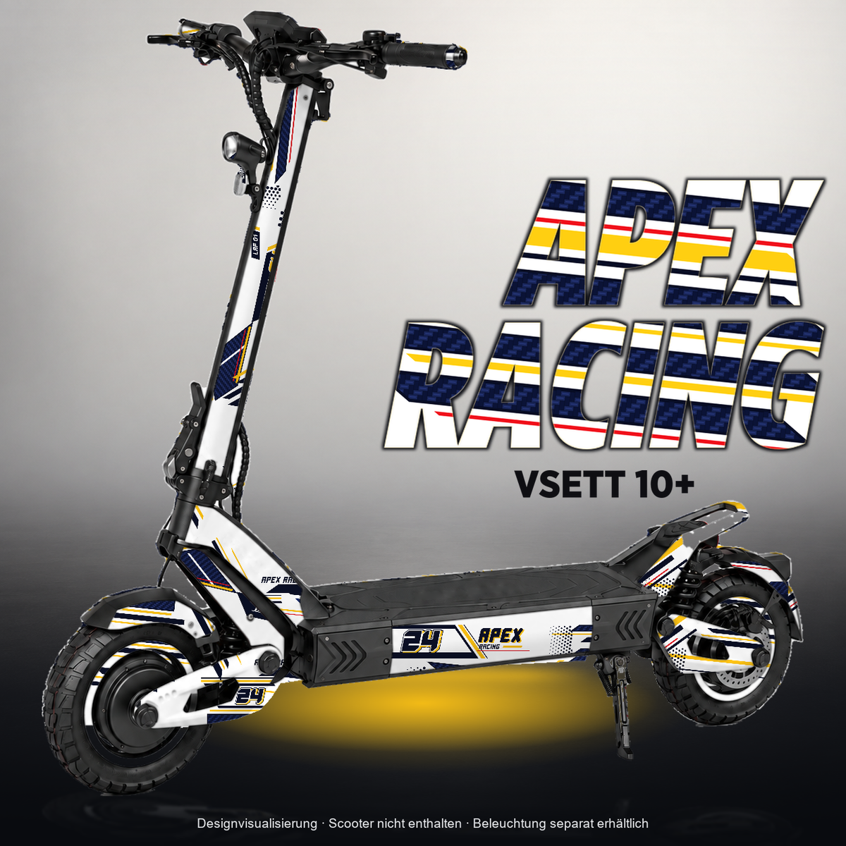 VSETT 10+ SKIN | APEX RACING – Designvisualisierung mit Licht in der Skinfarbe; Scooter nicht enthalten, Beleuchtung separat erhältlich