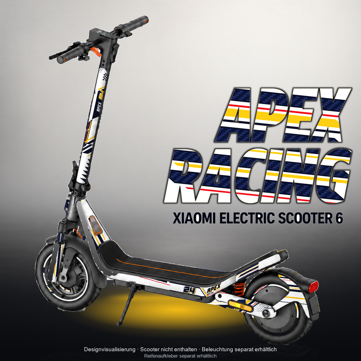 XIAOMI ELECTRIC SCOOTER 6 SKIN | APEX RACING – Designvisualisierung mit Licht in der Skinfarbe; Scooter nicht enthalten, Beleuchtung separat erhältlich